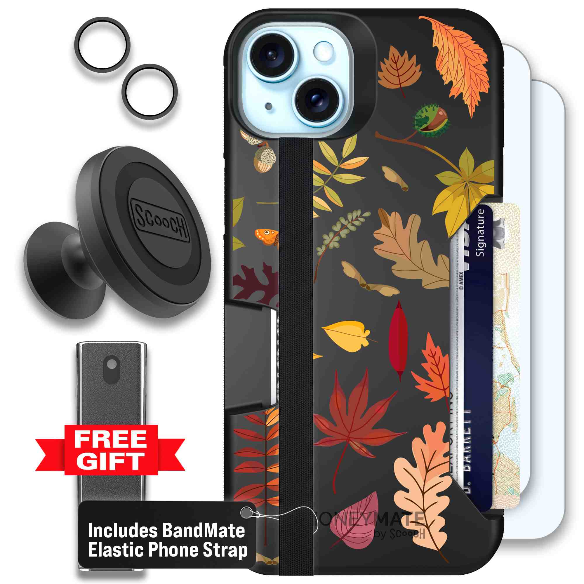 Autumn Leaves multicolored fall foliage pattern on a charcoal Scooch Moneymate case for iPhone 15 Plus - Defender Bundle