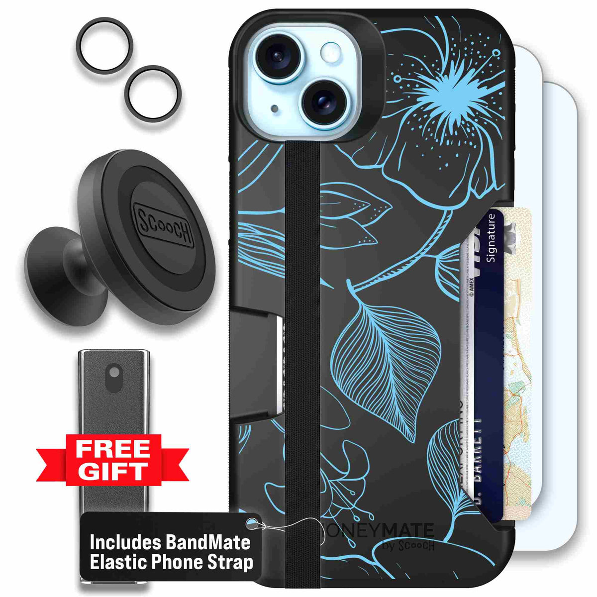 Blue Hibiscus cyan-blue tropical flower pattern on a charcoal Scooch Moneymate case for iPhone 15 Plus - Defender Bundle