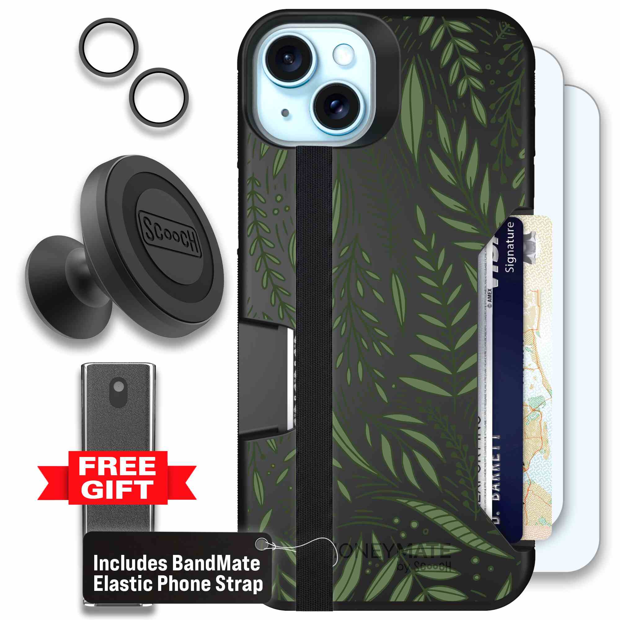 Willow Garden layered green leaves and branches on a charcoal Scooch Moneymate case for iPhone 15 Plus - Defender Bundle