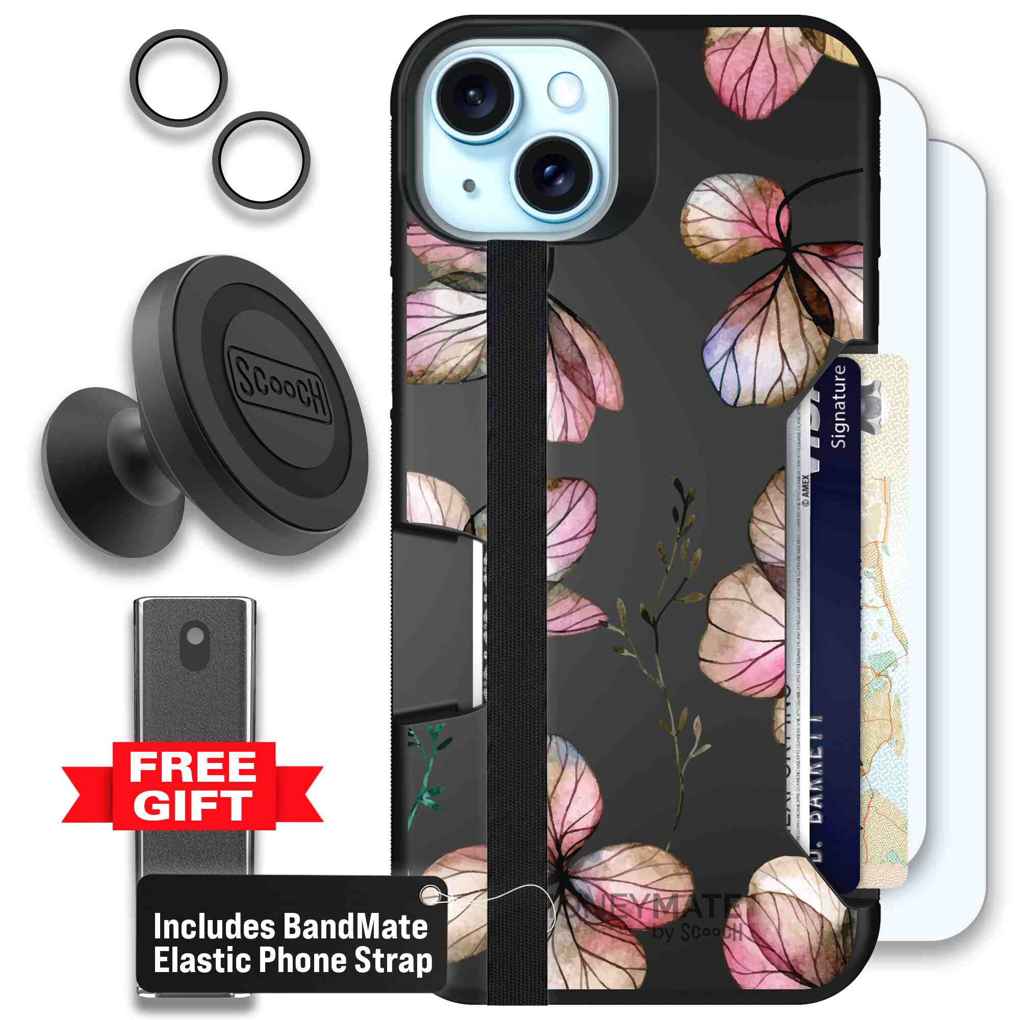 Dried Flowers blush mauve and cream floral pattern on a black Scooch Moneymate case for iPhone 15 Plus - Defender Bundle