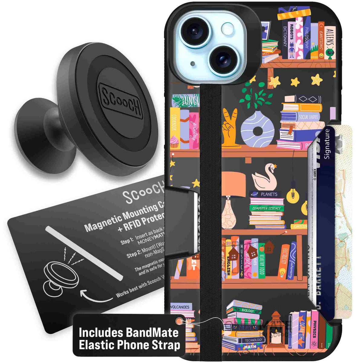 Little Library colorful book and bookshelf pattern on a Scooch Moneymate case for iPhone 15 Plus - Starter Bundle
