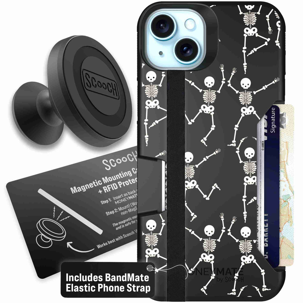 Swinging Skeletons white dancing skeleton pattern on a black Scooch Moneymate case for iPhone 15 Plus - Starter Bundle