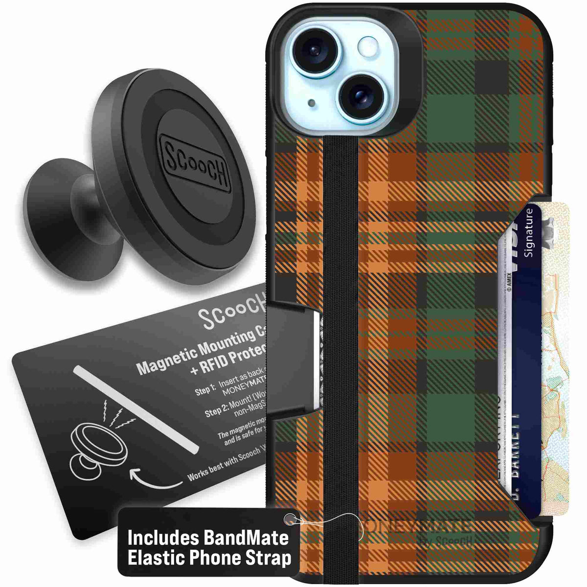 Fall Flannel orange and brown plaid pattern on a Scooch Moneymate case for iPhone 15 Plus - Starter Bundle