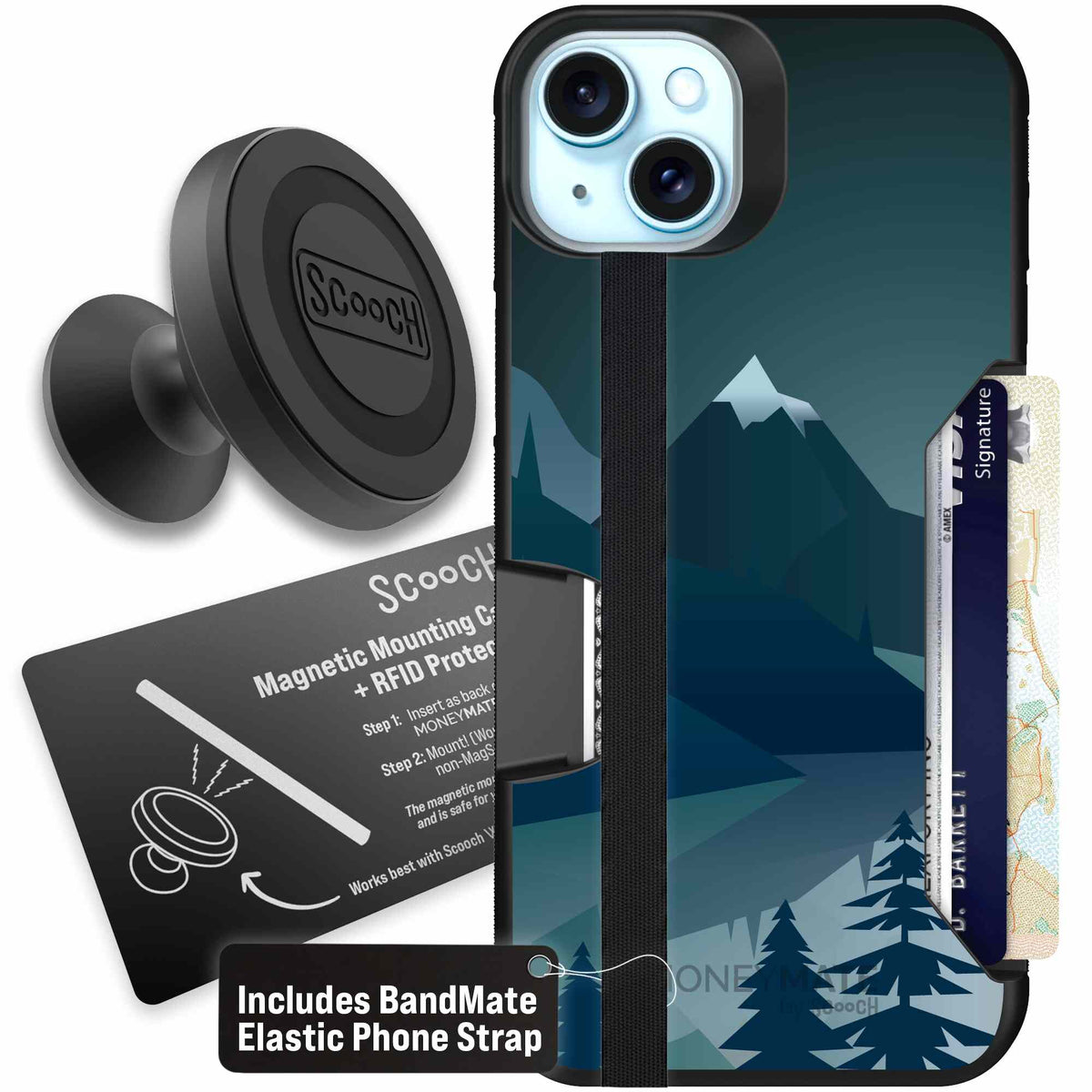 Midnight Ridge layered blue mountains and evergreen trees on a Scooch Moneymate case for iPhone 15 Plus - Starter Bundle