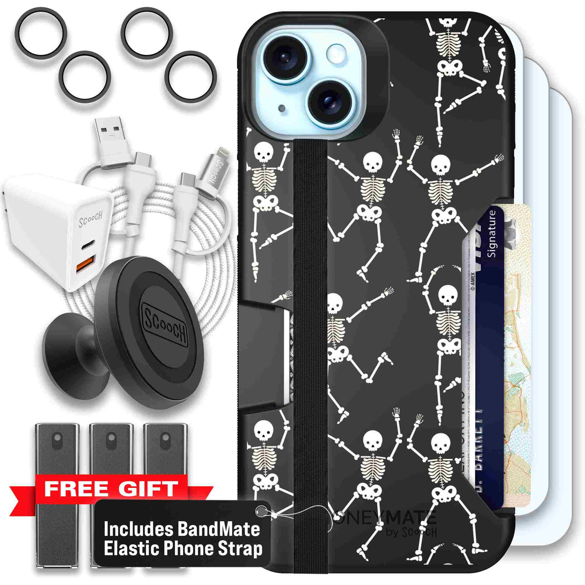 Swinging Skeletons white dancing skeleton pattern on a black Scooch Moneymate case for iPhone 15 Plus - Ultimate Bundle