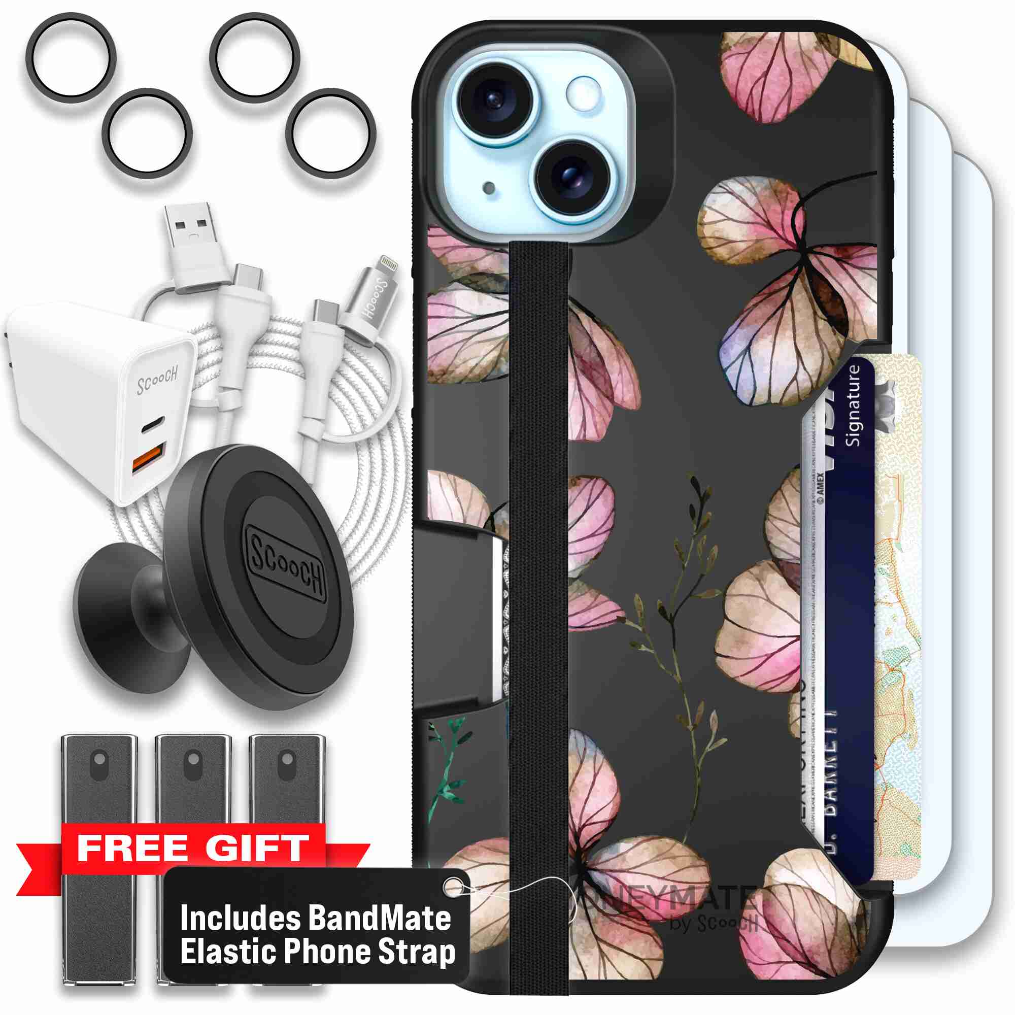 Dried Flowers blush mauve and cream floral pattern on a black Scooch Moneymate case for iPhone 15 Plus - Ultimate Bundle