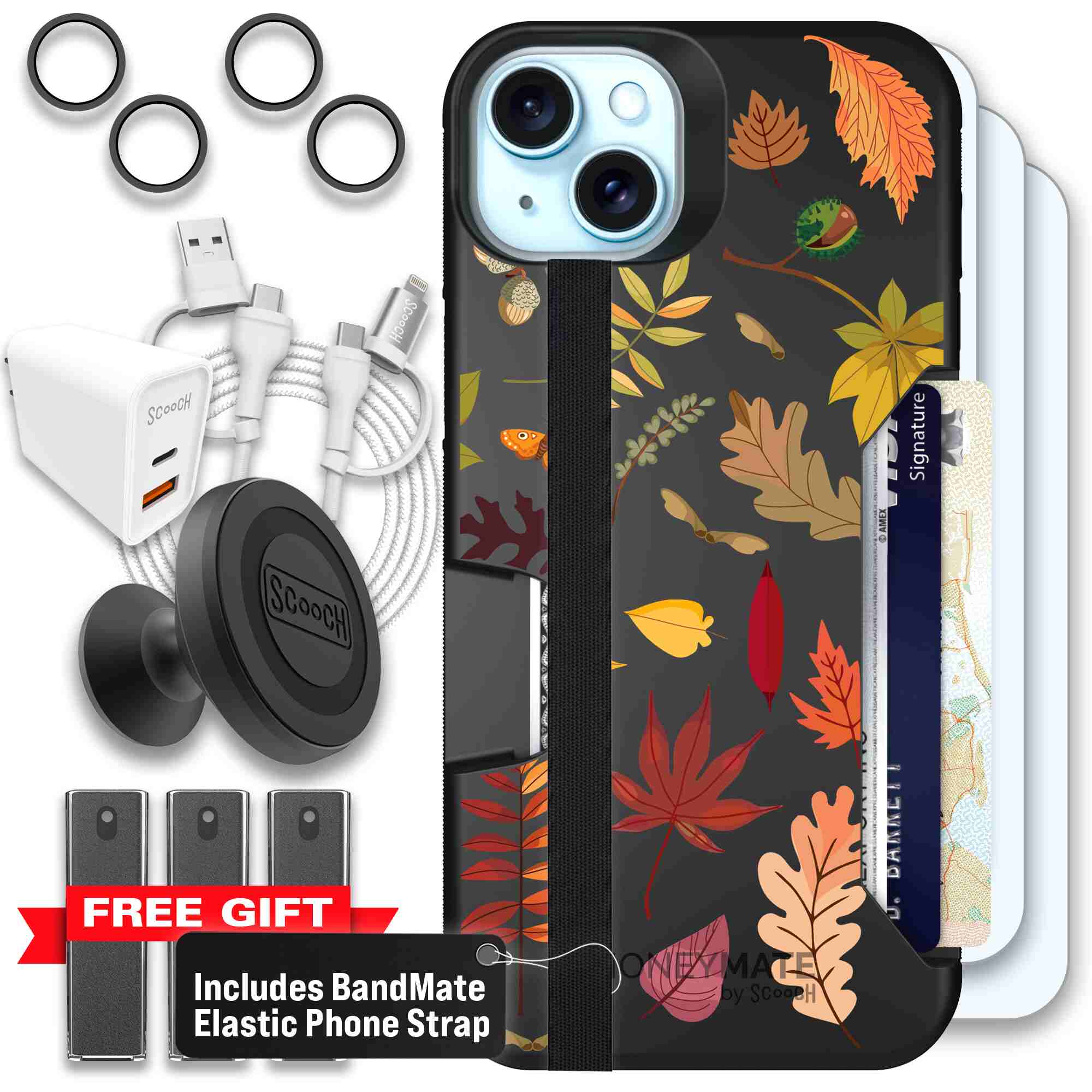 Autumn Leaves multicolored fall foliage pattern on a charcoal Scooch Moneymate case for iPhone 15 Plus - Ultimate Bundle