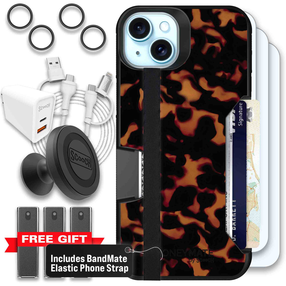 Tortoise Shell amber brown and black mottled pattern on a Scooch Moneymate case for iPhone 15 Plus - Ultimate Bundle