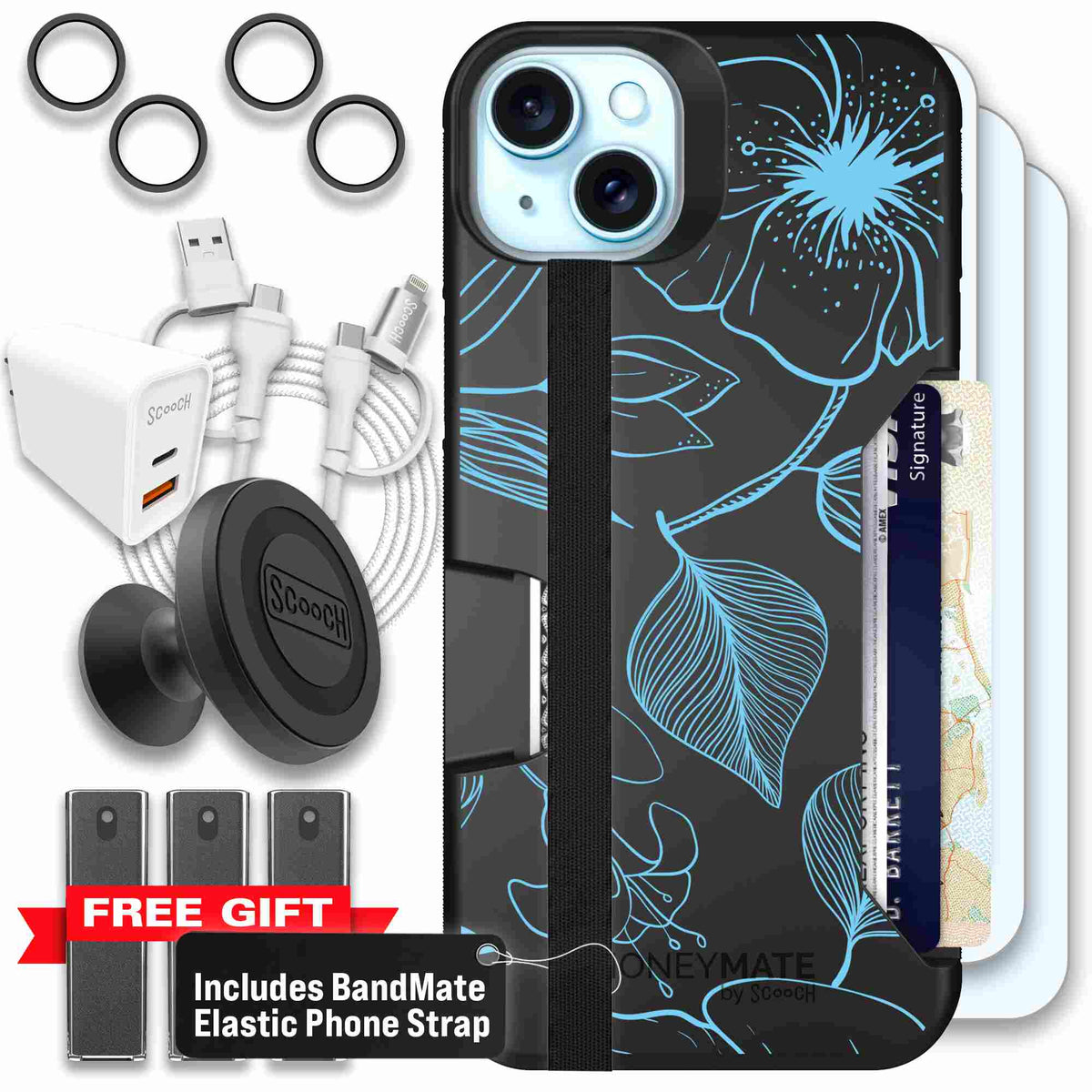 Blue Hibiscus cyan-blue tropical flower pattern on a charcoal Scooch Moneymate case for iPhone 15 Plus - Ultimate Bundle