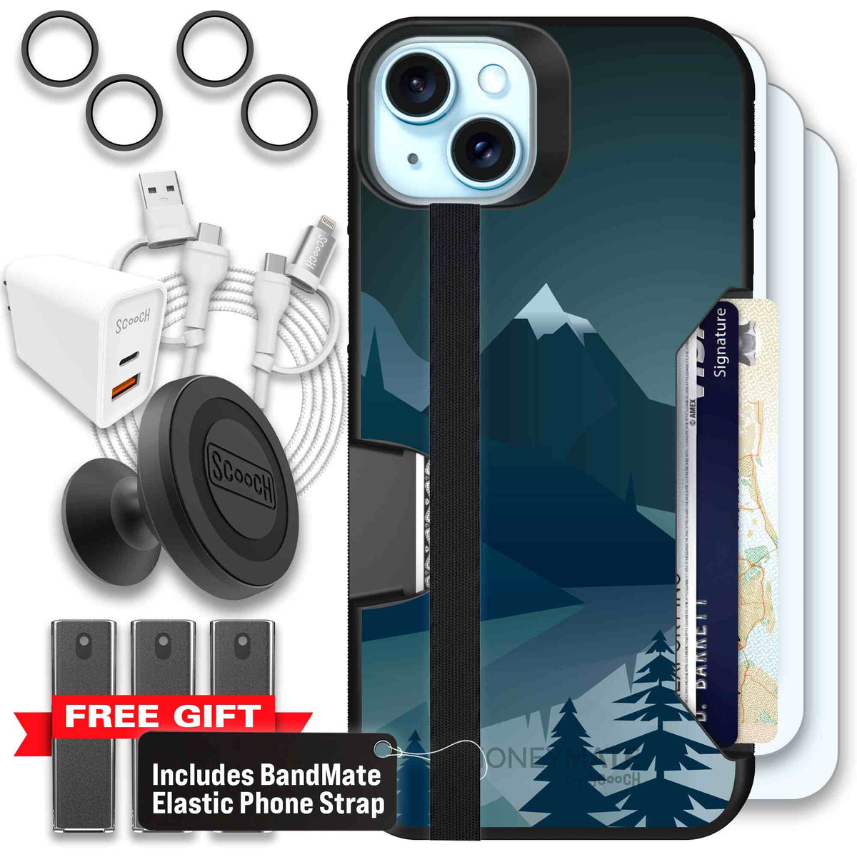 Midnight Ridge layered blue mountains and evergreen trees on a Scooch Moneymate case for iPhone 15 Plus - Ultimate Bundle