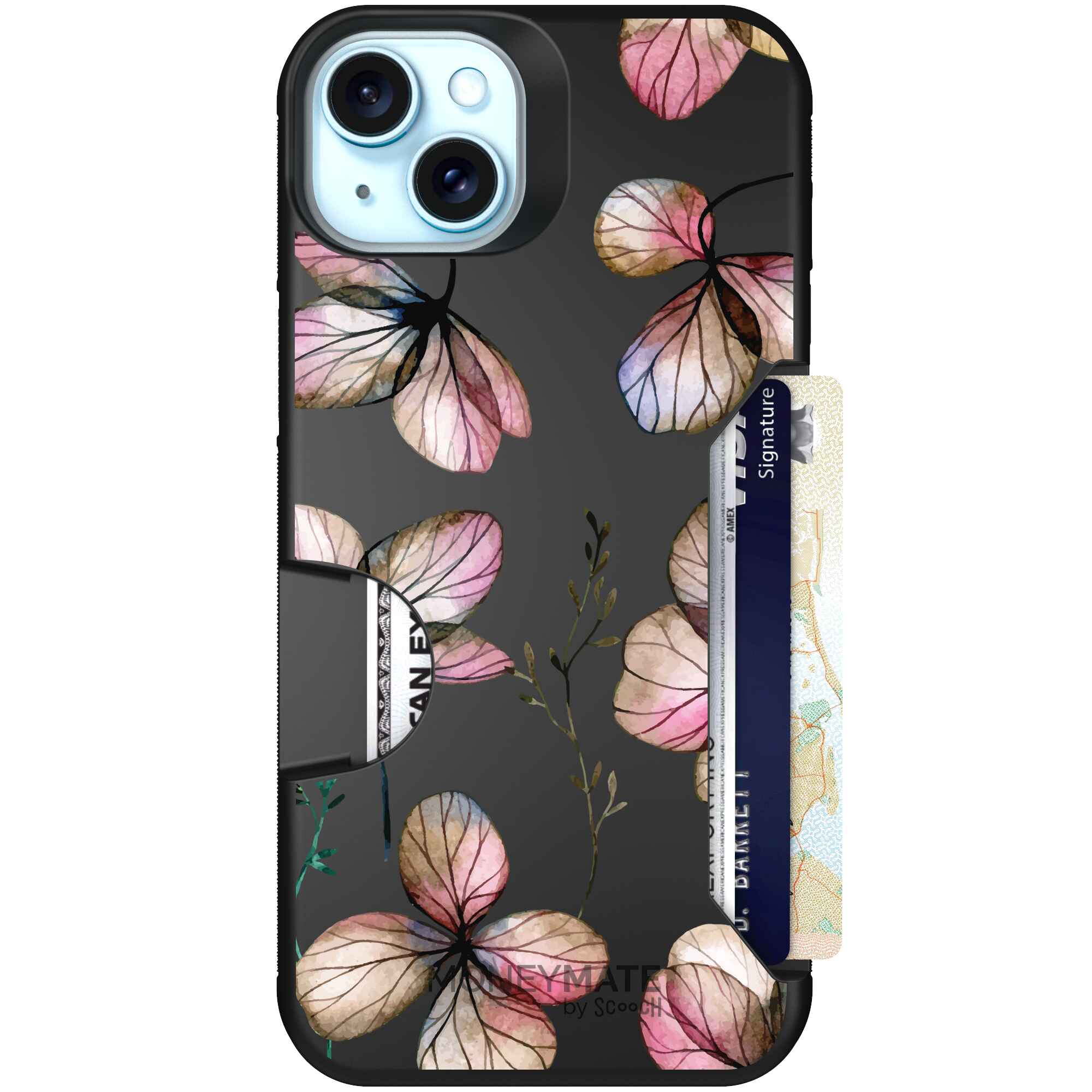 Dried Flowers blush mauve and cream floral pattern on a black Scooch Moneymate case for iPhone 15 Plus
