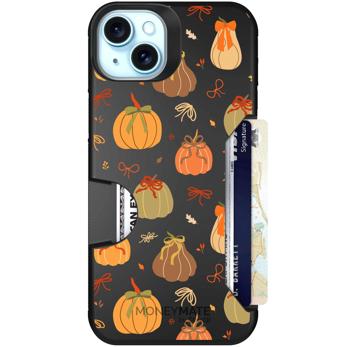 Pretty Pumpkins orange pumpkin and bow pattern on a Scooch Moneymate case for iPhone 15 Plus