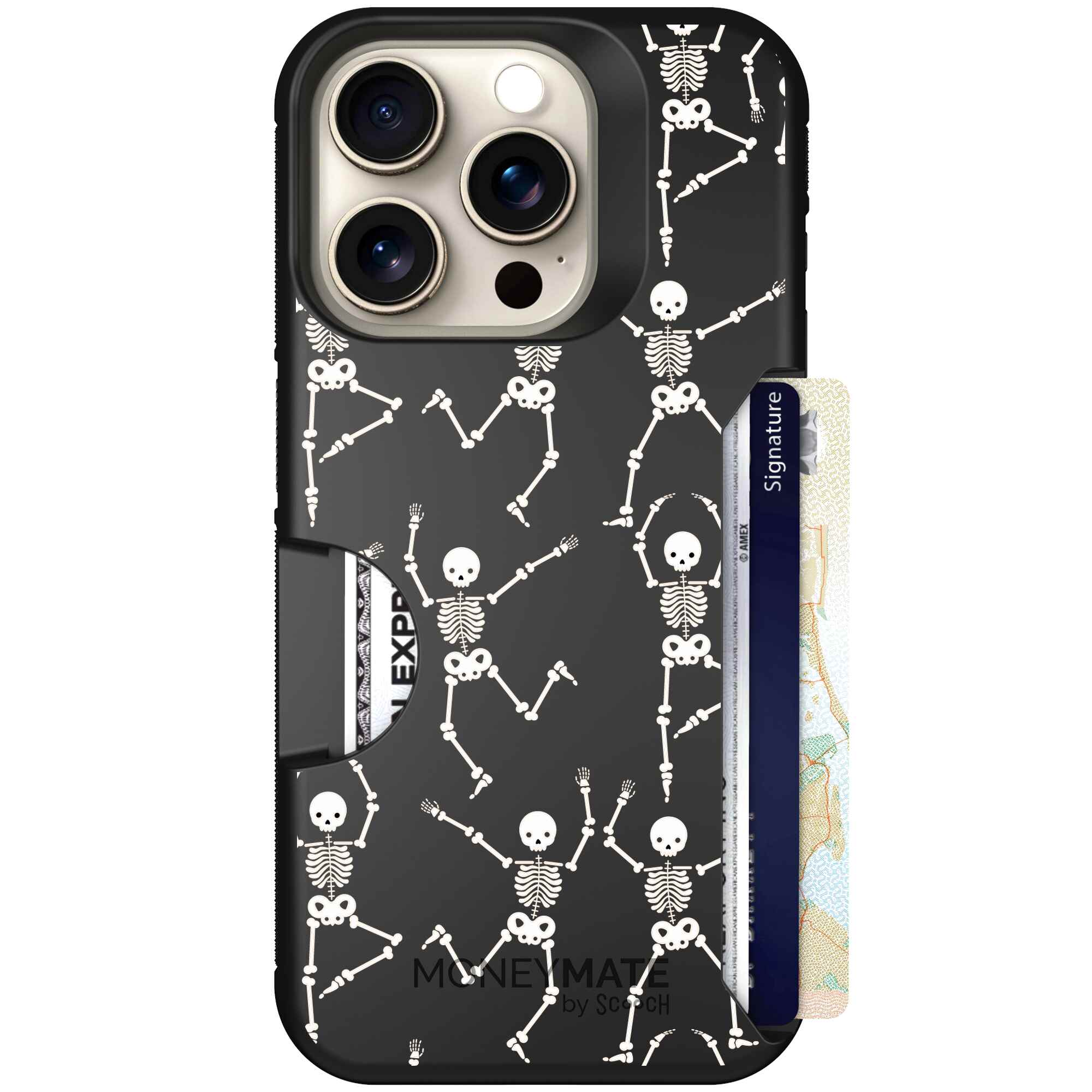 Swinging Skeletons white dancing skeleton pattern on a black Scooch Moneymate case for iPhone 15 Pro
