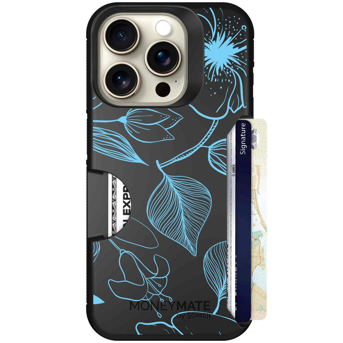 Blue Hibiscus cyan-blue tropical flower pattern on a charcoal Scooch Moneymate case for iPhone 15 Pro