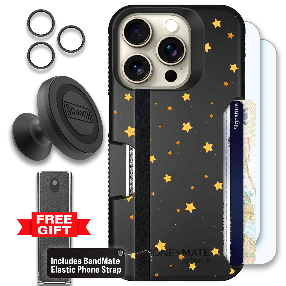 Gold Stars yellow and gold star pattern on a charcoal Scooch Moneymate case for iPhone 15 Pro - Defender Bundle