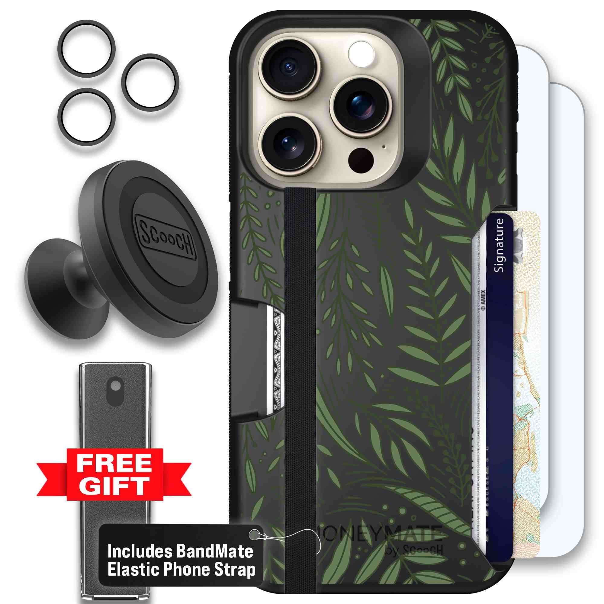 Willow Garden layered green leaves and branches on a charcoal Scooch Moneymate case for iPhone 15 Pro - Defender Bundle