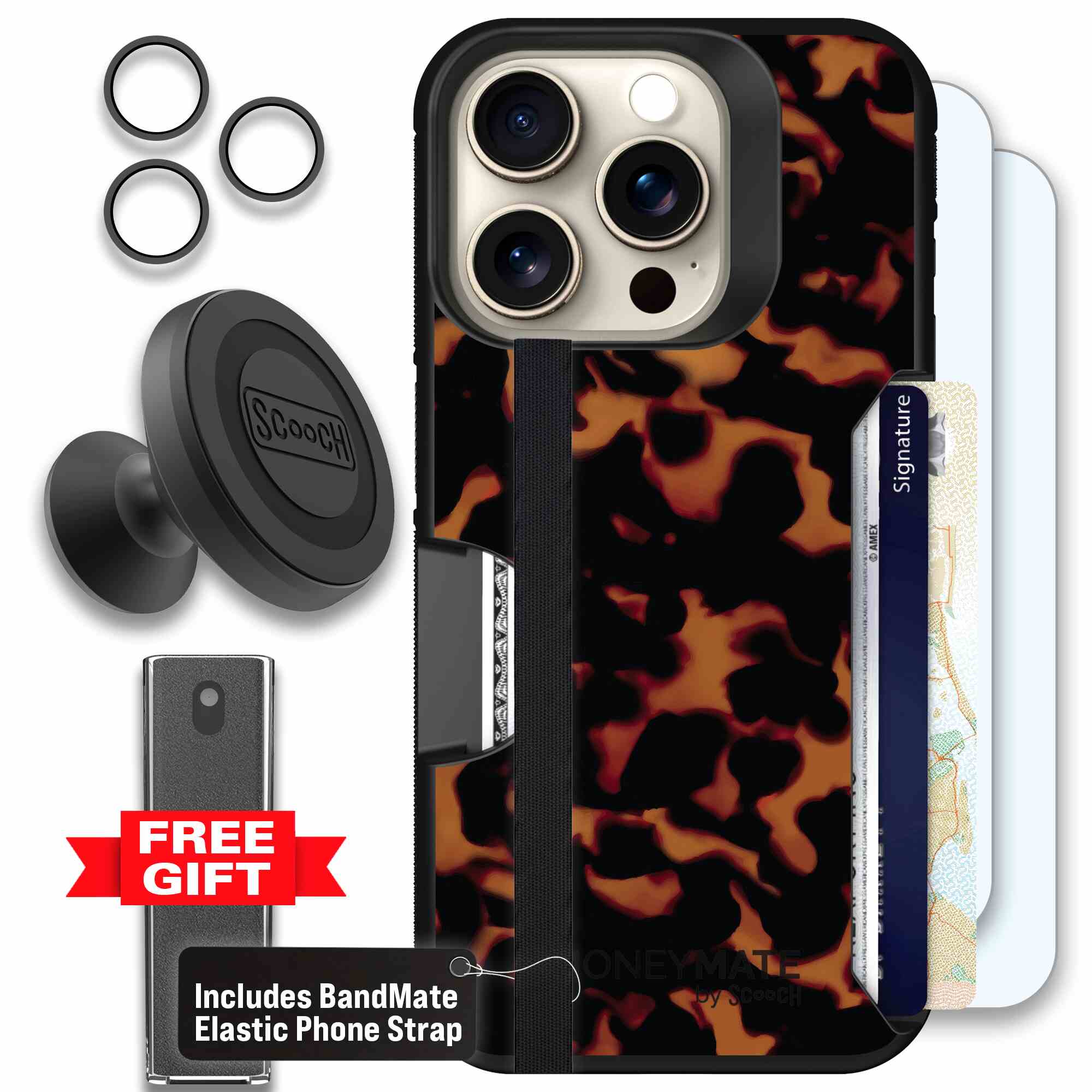 Tortoise Shell amber brown and black mottled pattern on a Scooch Moneymate case for iPhone 15 Pro - Defender Bundle