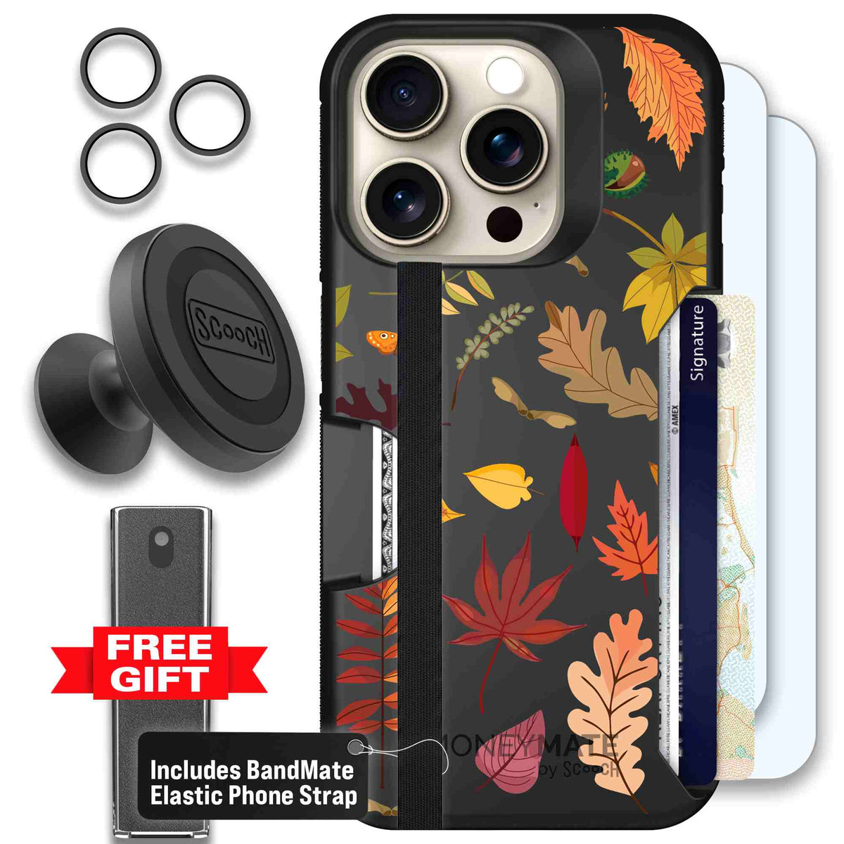 Autumn Leaves multicolored fall foliage pattern on a charcoal Scooch Moneymate case for iPhone 15 Pro - Defender Bundle