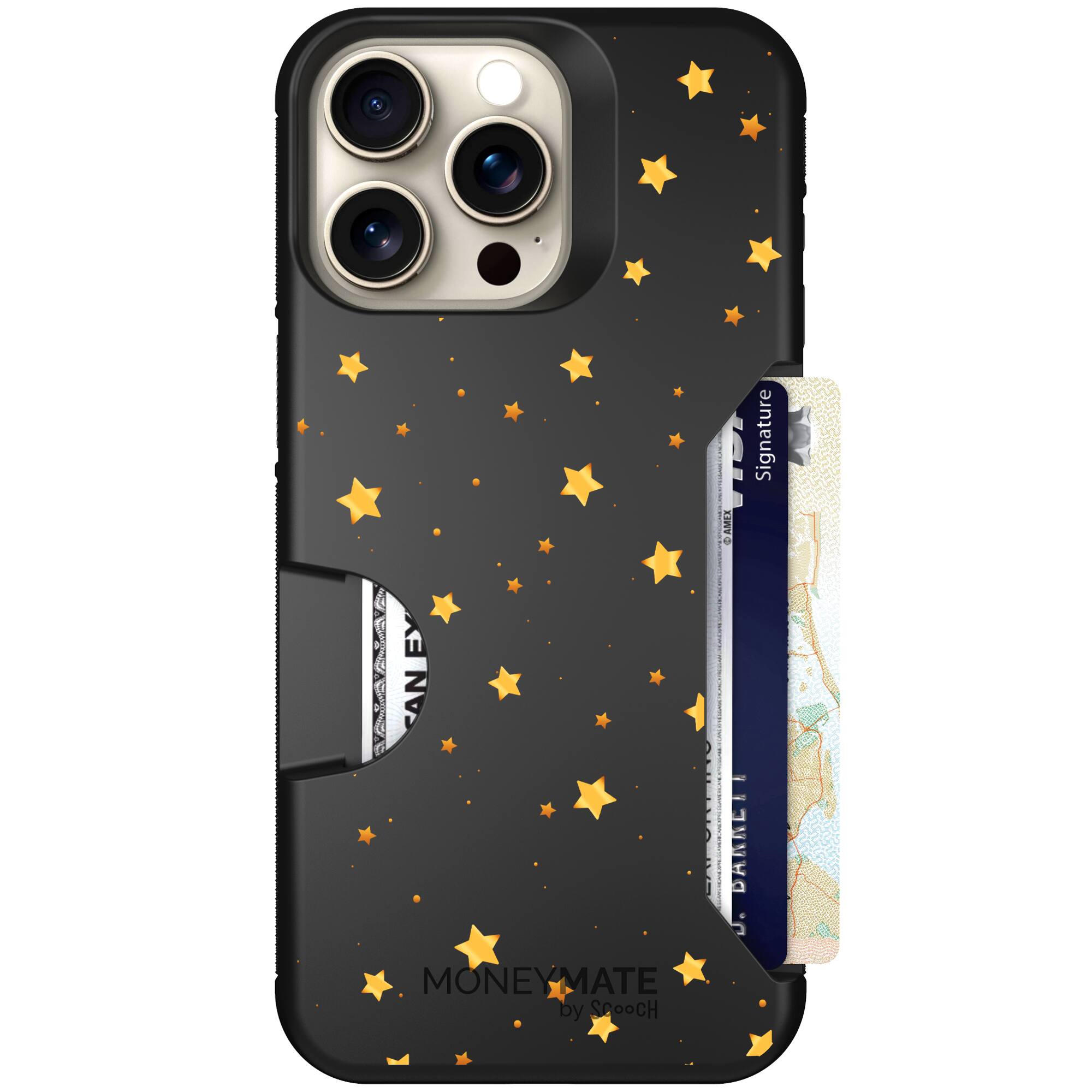 Gold Stars yellow and gold star pattern on a charcoal Scooch Moneymate case for iPhone 15 Pro Max