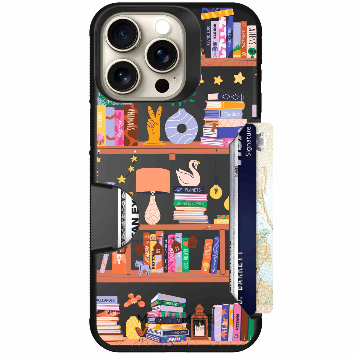 Little Library colorful book and bookshelf pattern on a Scooch Moneymate case for iPhone 15 Pro Max