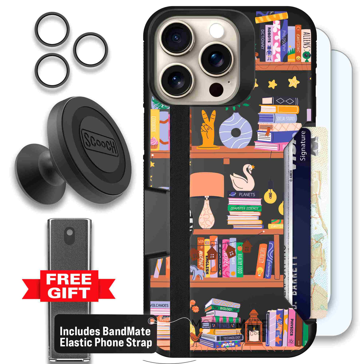 Little Library colorful book and bookshelf pattern on a Scooch Moneymate case for iPhone 15 Pro Max - Defender Bundle