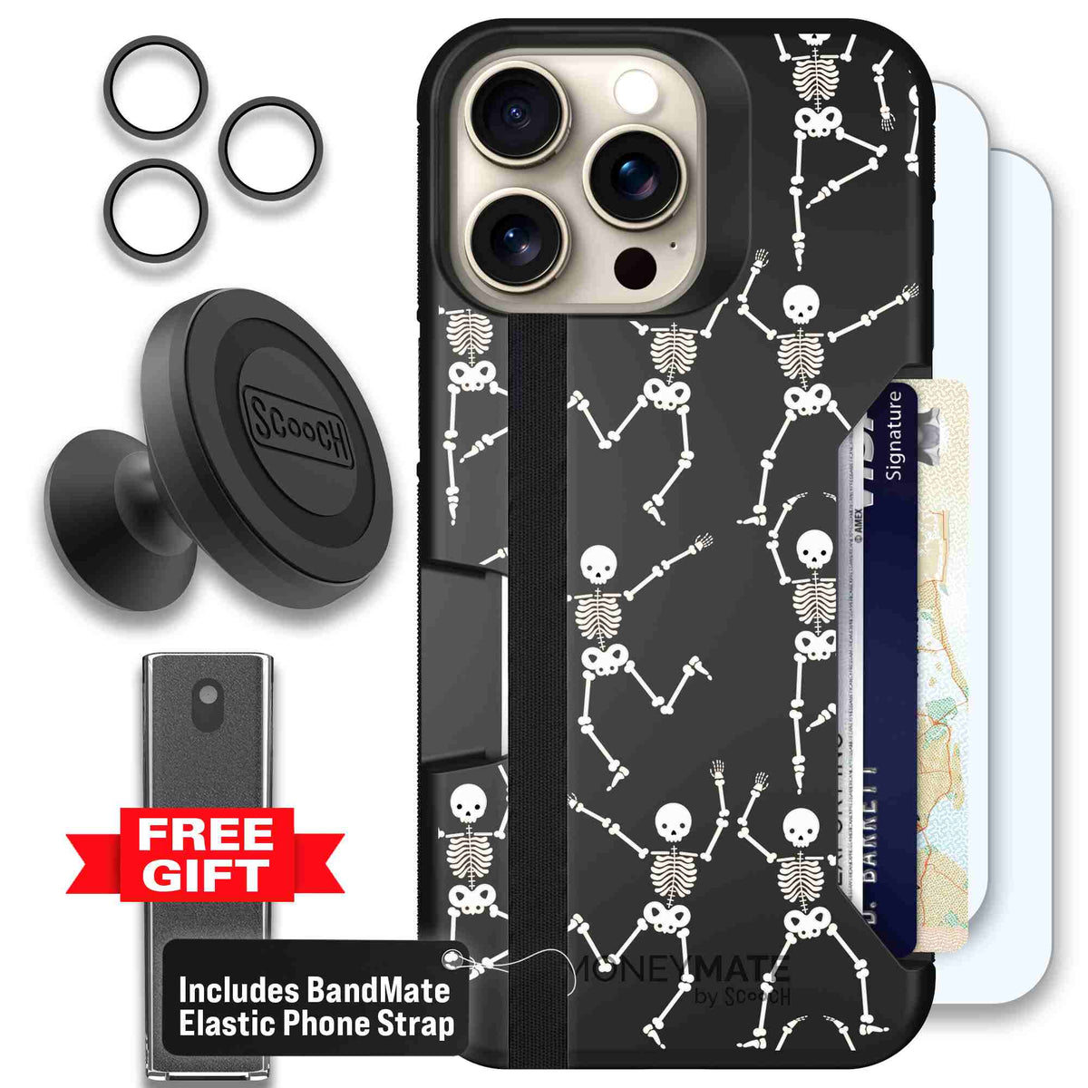 Swinging Skeletons white dancing skeleton pattern on a black Scooch Moneymate case for iPhone 15 Pro Max - Defender Bundle