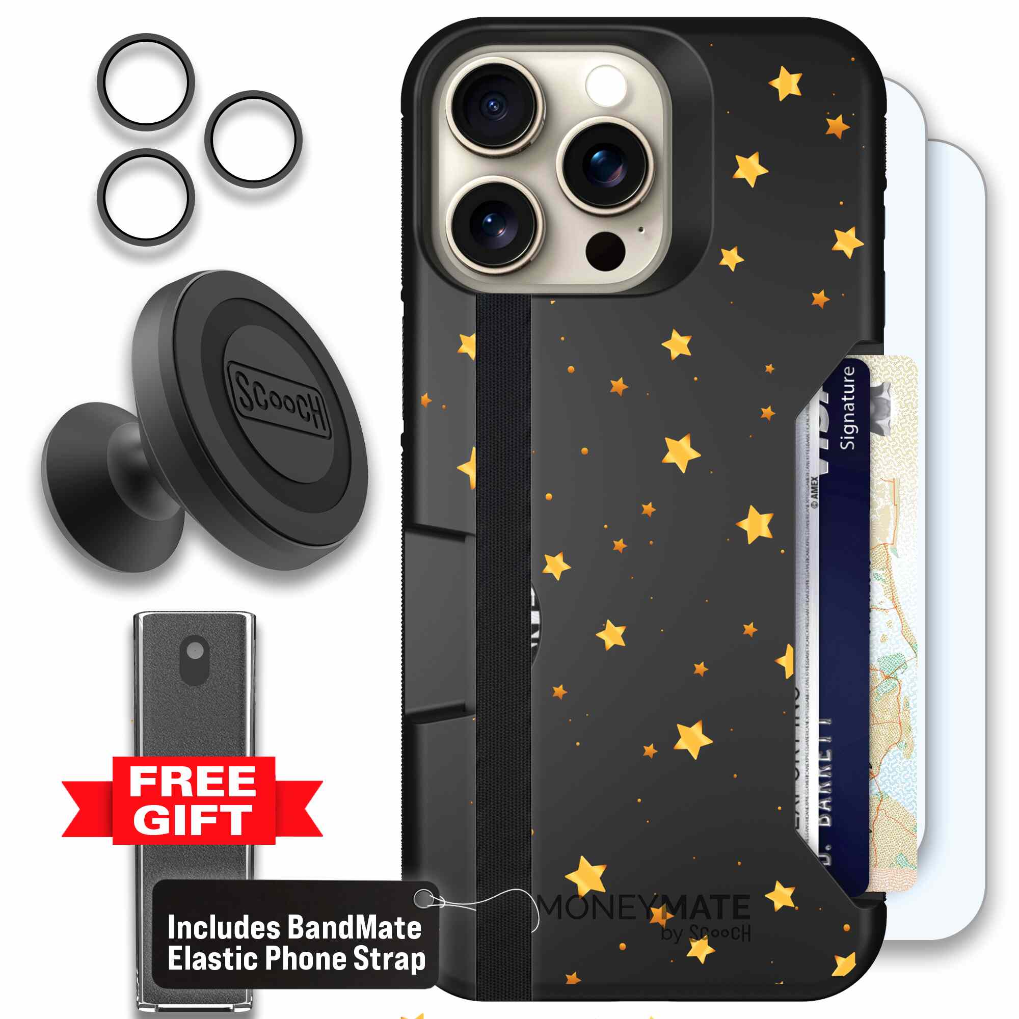 Gold Stars yellow and gold star pattern on a charcoal Scooch Moneymate case for iPhone 15 Pro Max - Defender Bundle