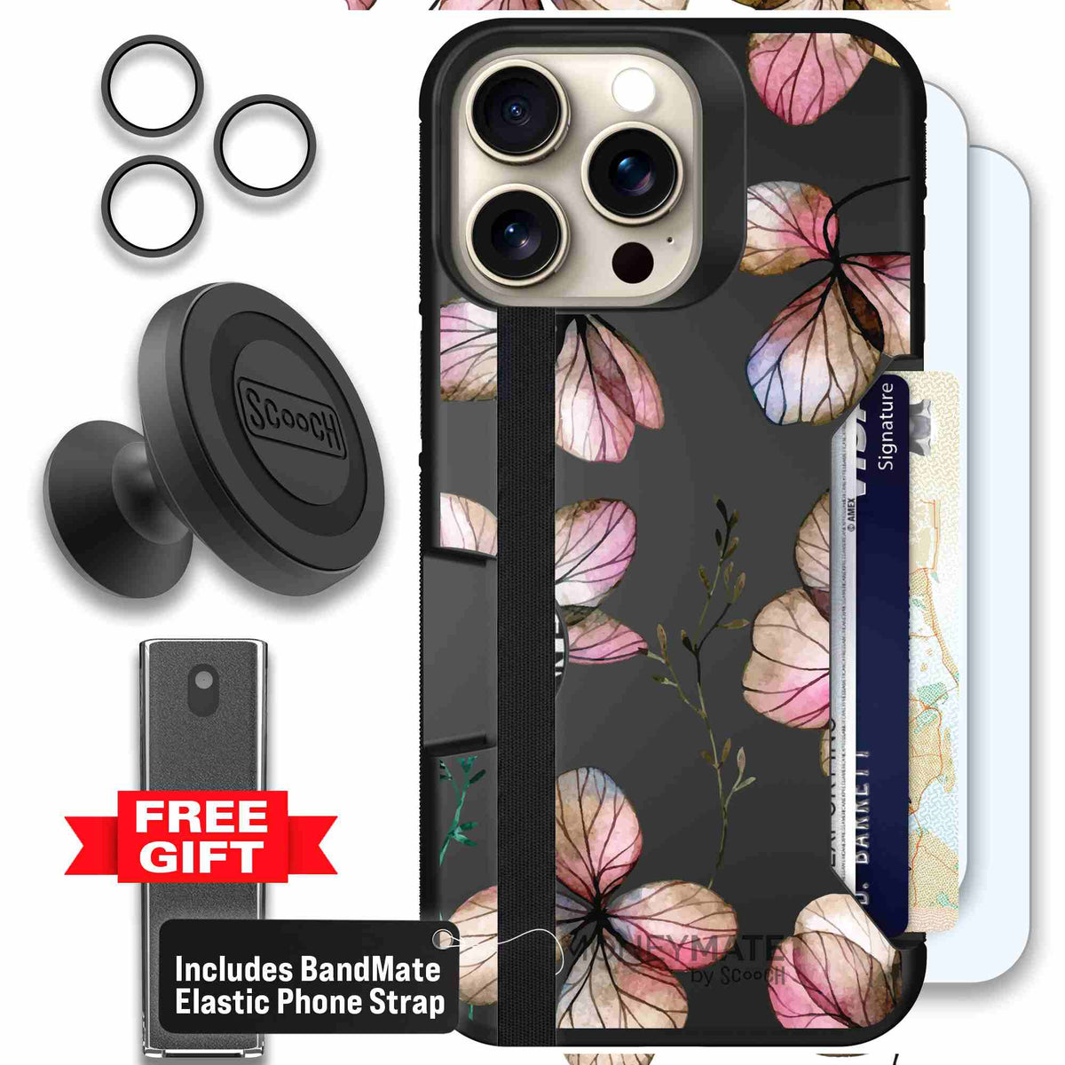 Dried Flowers blush mauve and cream floral pattern on a black Scooch Moneymate case for iPhone 15 Pro Max - Defender Bundle