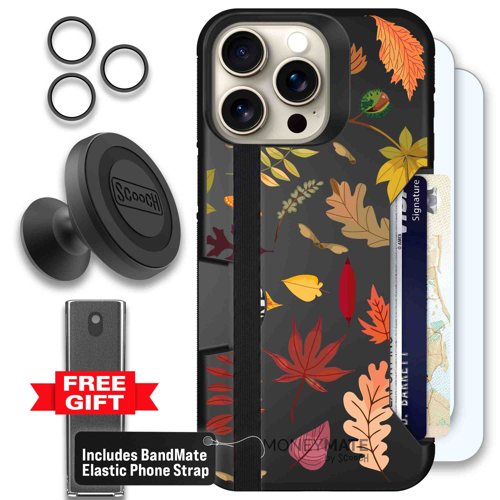 Autumn Leaves multicolored fall foliage pattern on a charcoal Scooch Moneymate case for iPhone 15 Pro Max - Defender Bundle