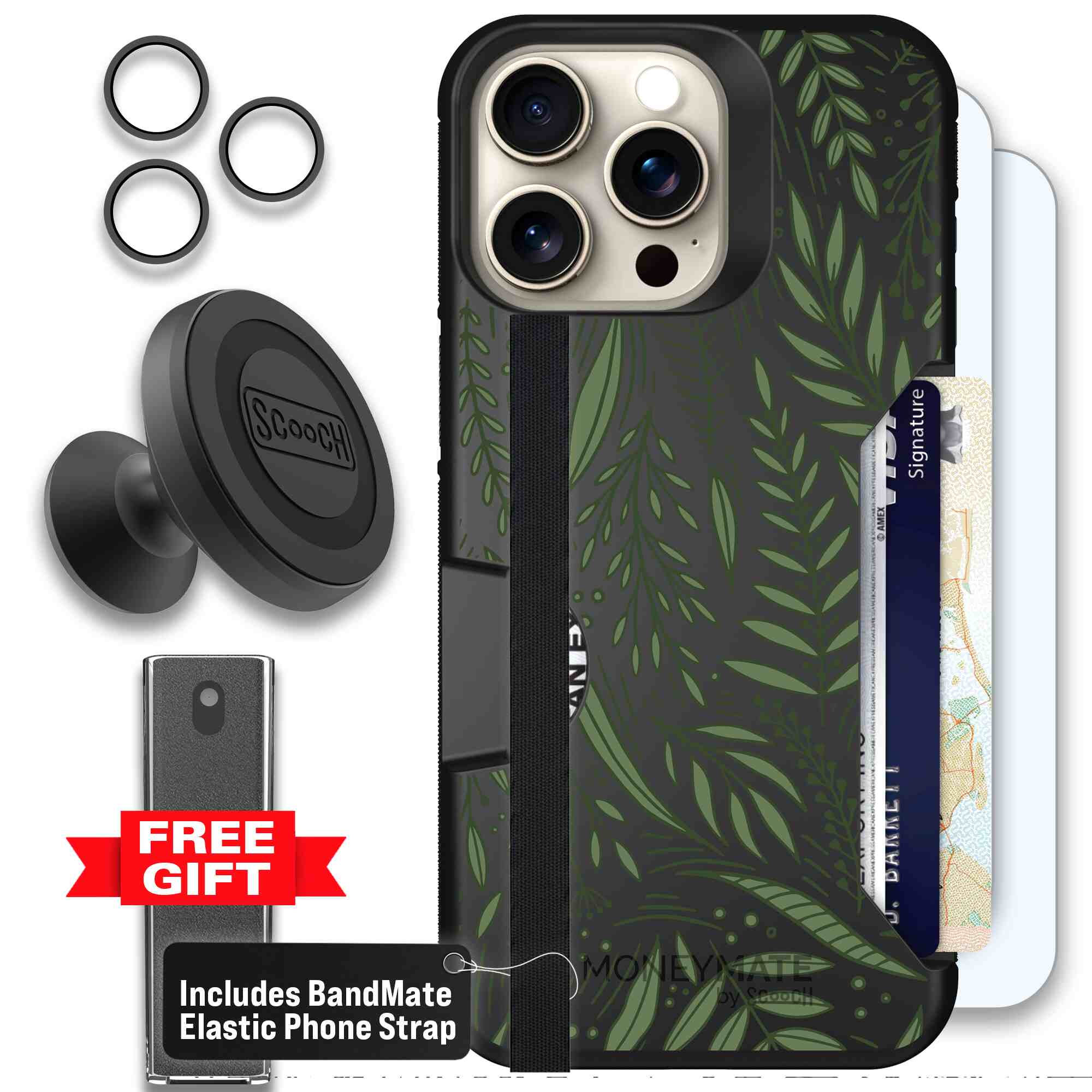 Willow Garden layered green leaves and branches on a charcoal Scooch Moneymate case for iPhone 15 Pro Max - Defender Bundle