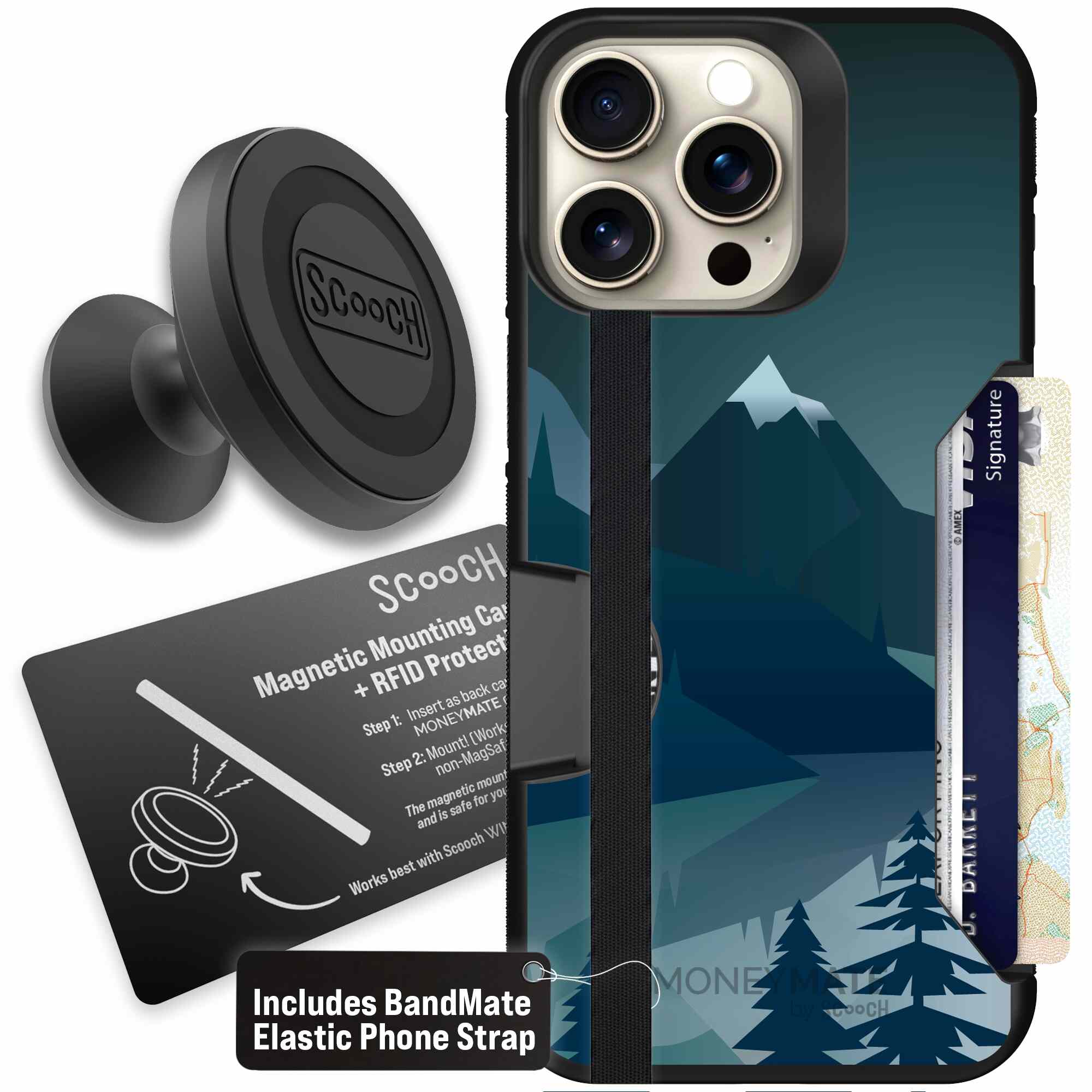 Midnight Ridge layered blue mountains and evergreen trees on a Scooch Moneymate case for iPhone 15 Pro Max - Starter Bundle