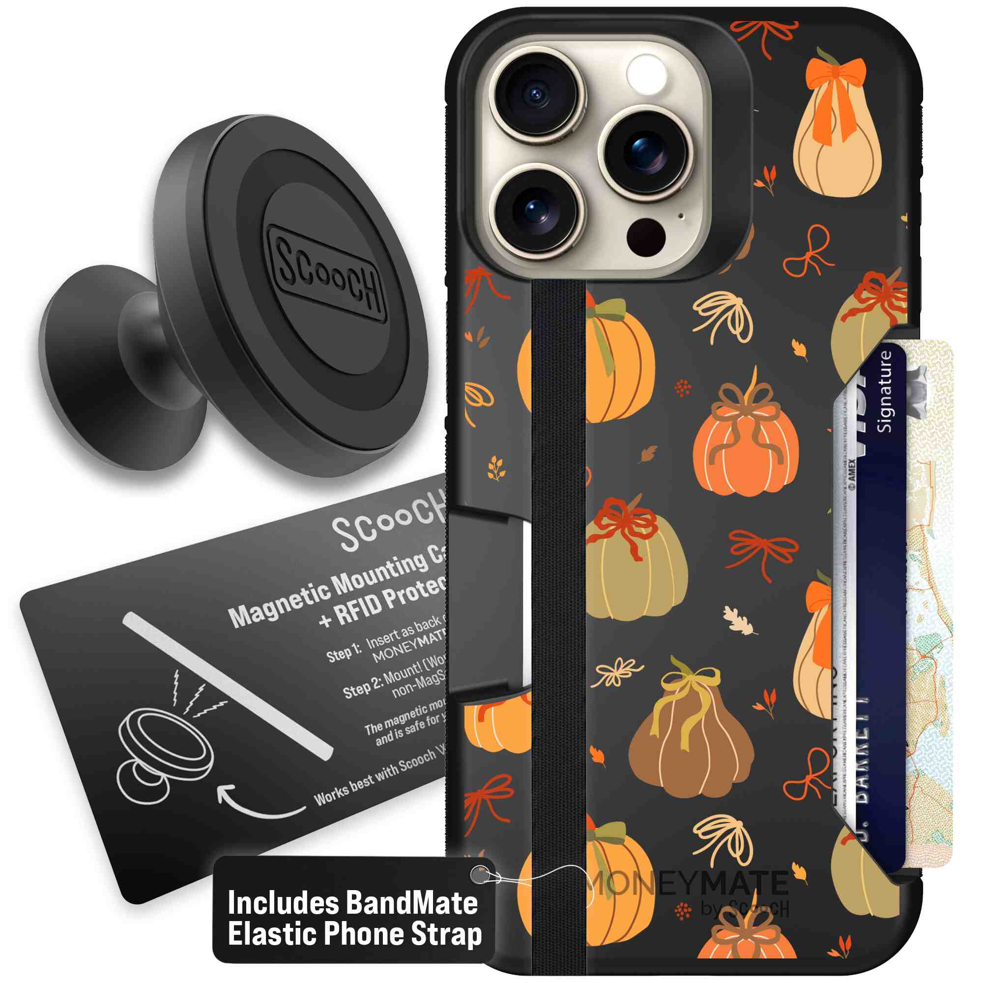 Pretty Pumpkins orange pumpkin and bow pattern on a Scooch Moneymate case for iPhone 15 Pro Max - Starter Bundle