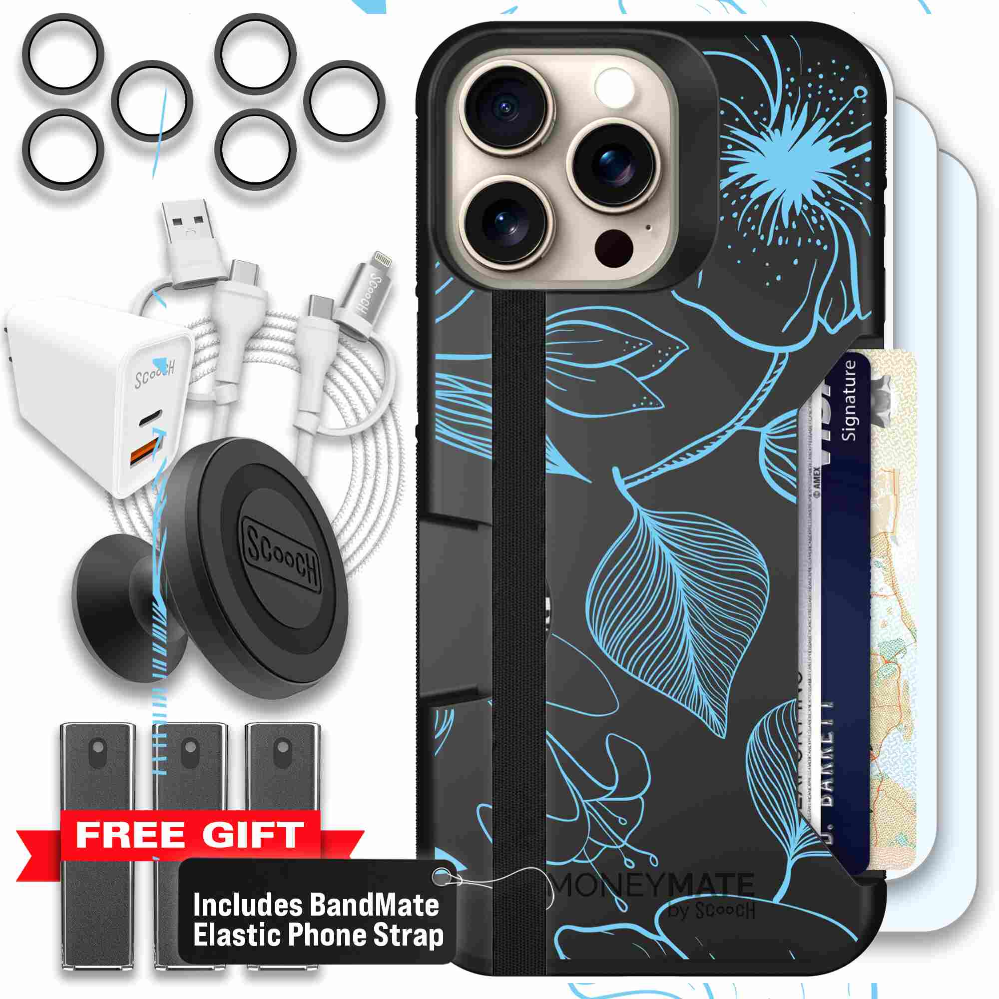 Blue Hibiscus cyan-blue tropical flower pattern on a charcoal Scooch Moneymate case for iPhone 15 Pro Max - Ultimate Bundle
