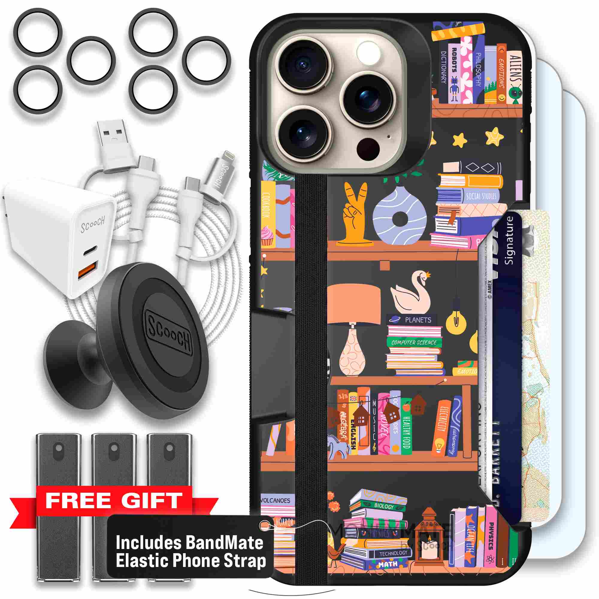 Little Library colorful book and bookshelf pattern on a Scooch Moneymate case for iPhone 15 Pro Max - Ultimate Bundle