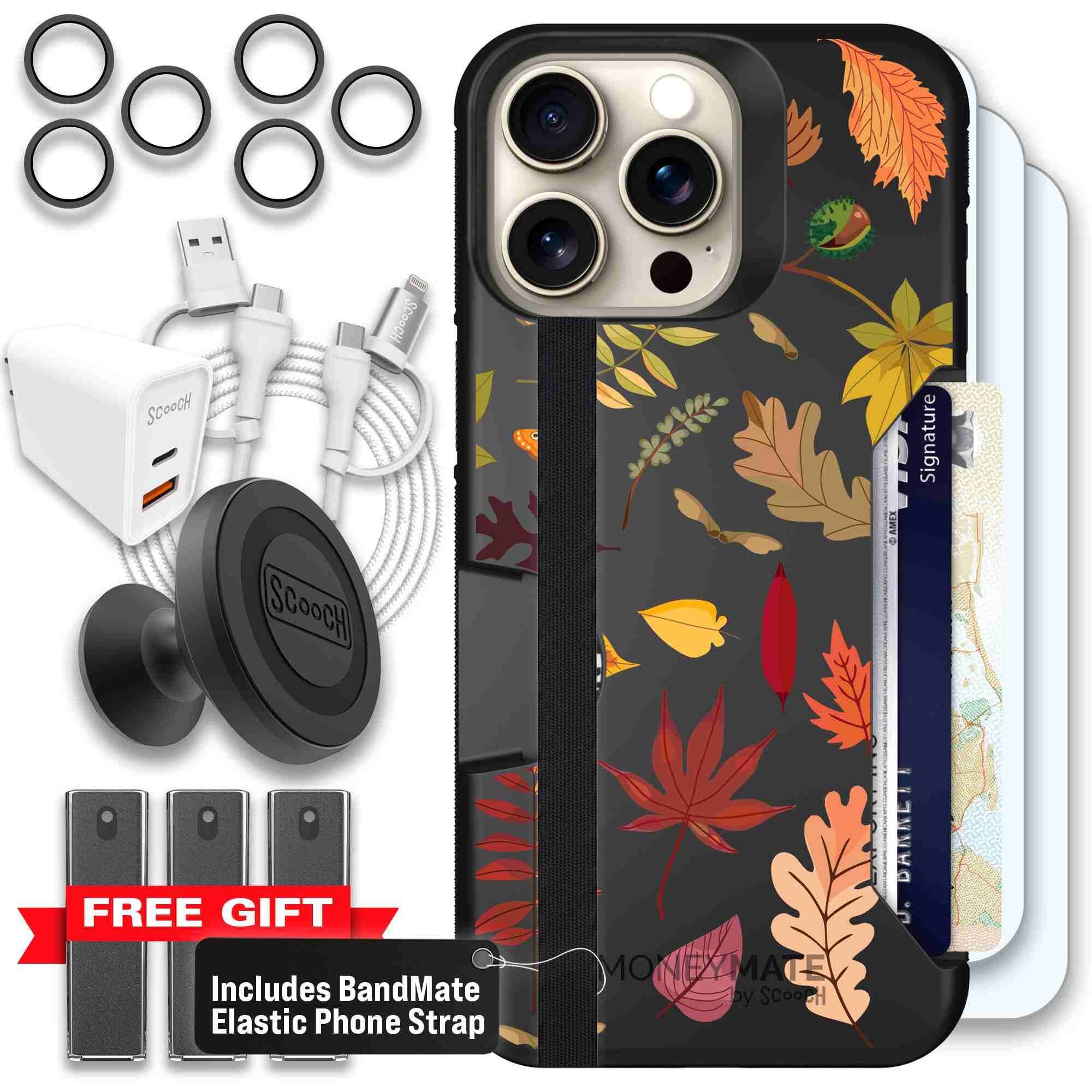Autumn Leaves multicolored fall foliage pattern on a charcoal Scooch Moneymate case for iPhone 15 Pro Max - Ultimate Bundle