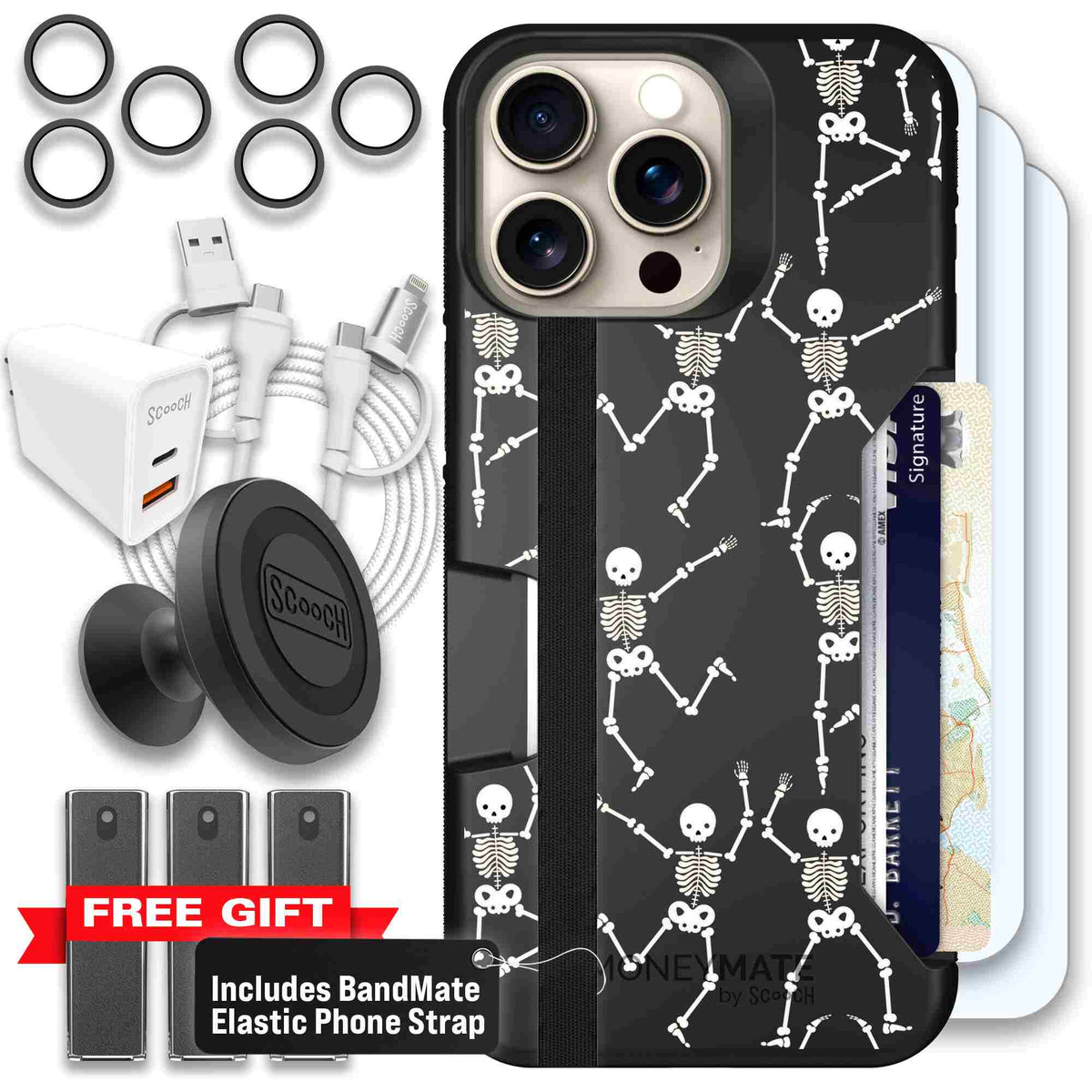 Swinging Skeletons white dancing skeleton pattern on a black Scooch Moneymate case for iPhone 15 Pro Max - Ultimate Bundle