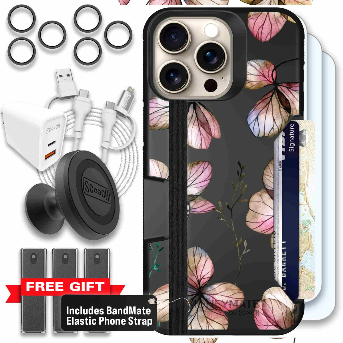 Dried Flowers blush mauve and cream floral pattern on a black Scooch Moneymate case for iPhone 15 Pro Max - Ultimate Bundle