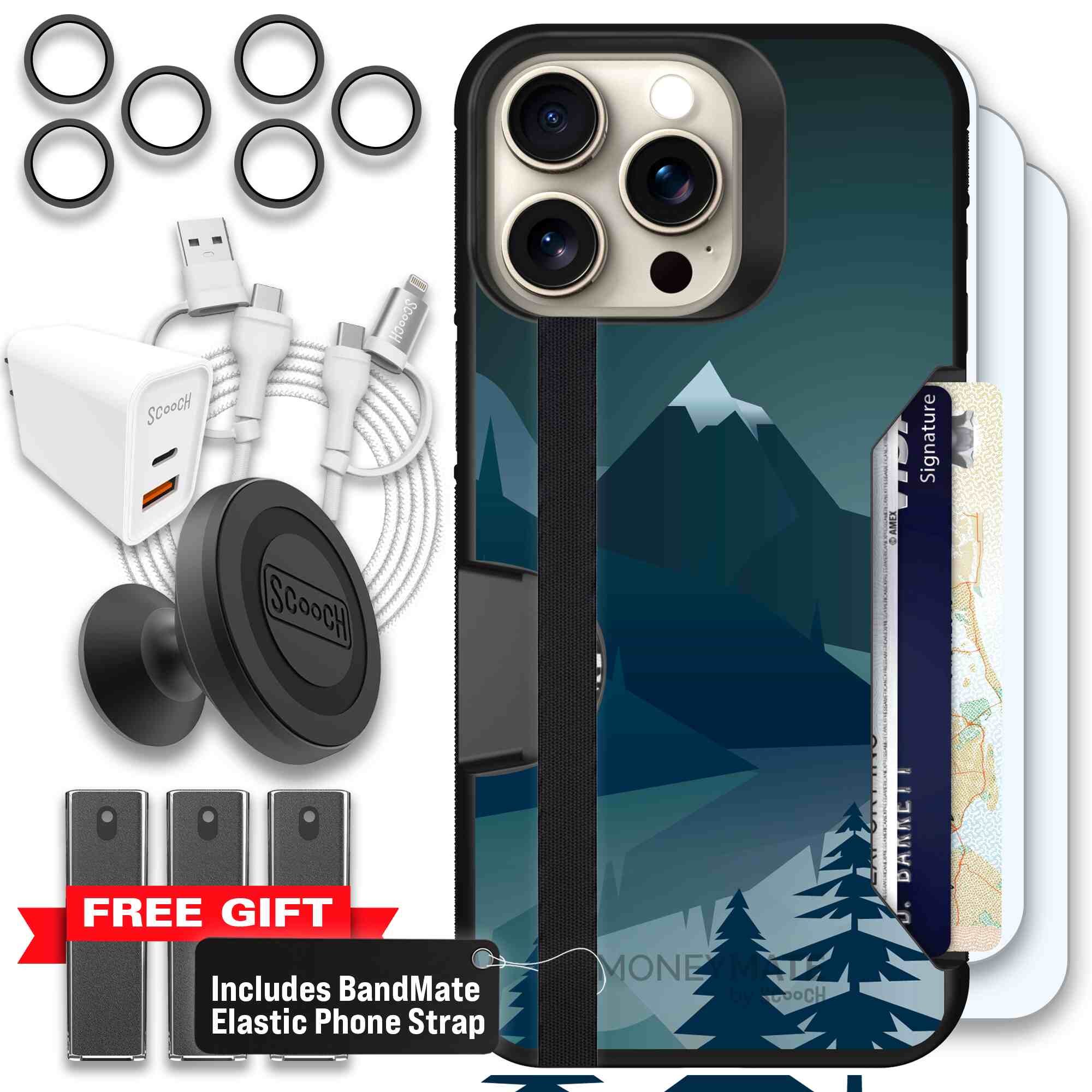 Midnight Ridge layered blue mountains and evergreen trees on a Scooch Moneymate case for iPhone 15 Pro Max - Ultimate Bundle