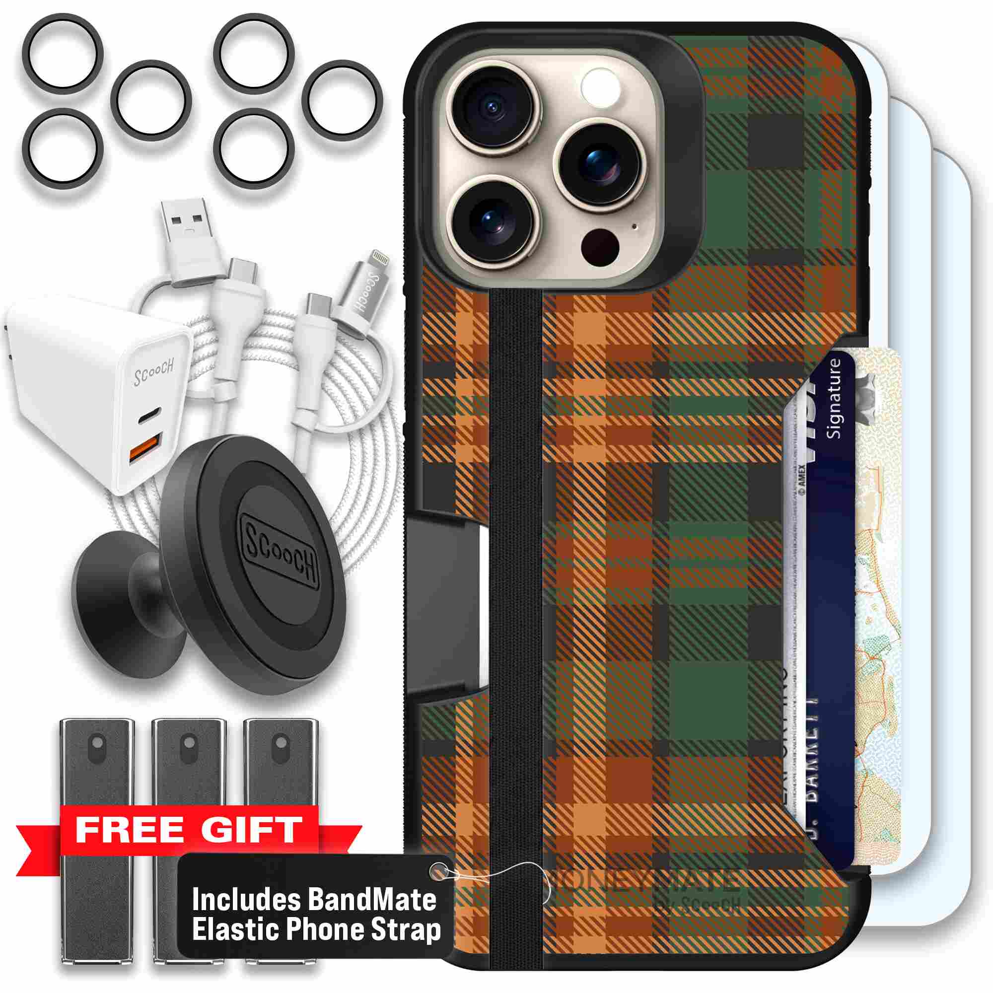 Fall Flannel orange and brown plaid pattern on a Scooch Moneymate case for iPhone 15 Pro Max - Ultimate Bundle