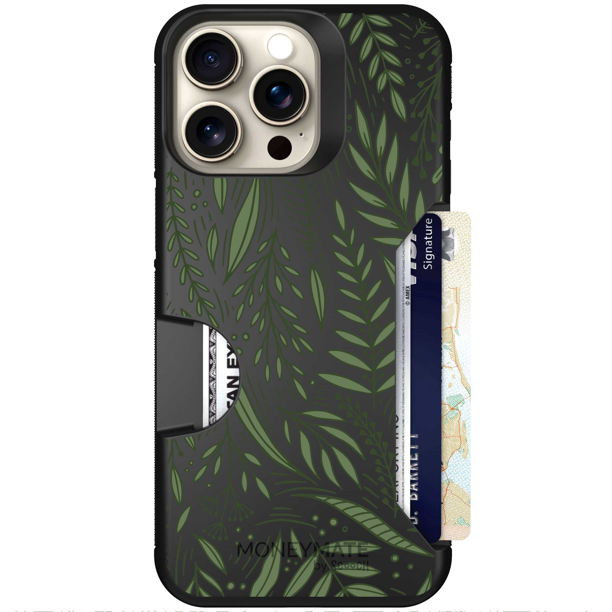 Willow Garden layered green leaves and branches on a charcoal Scooch Moneymate case for iPhone 15 Pro Max