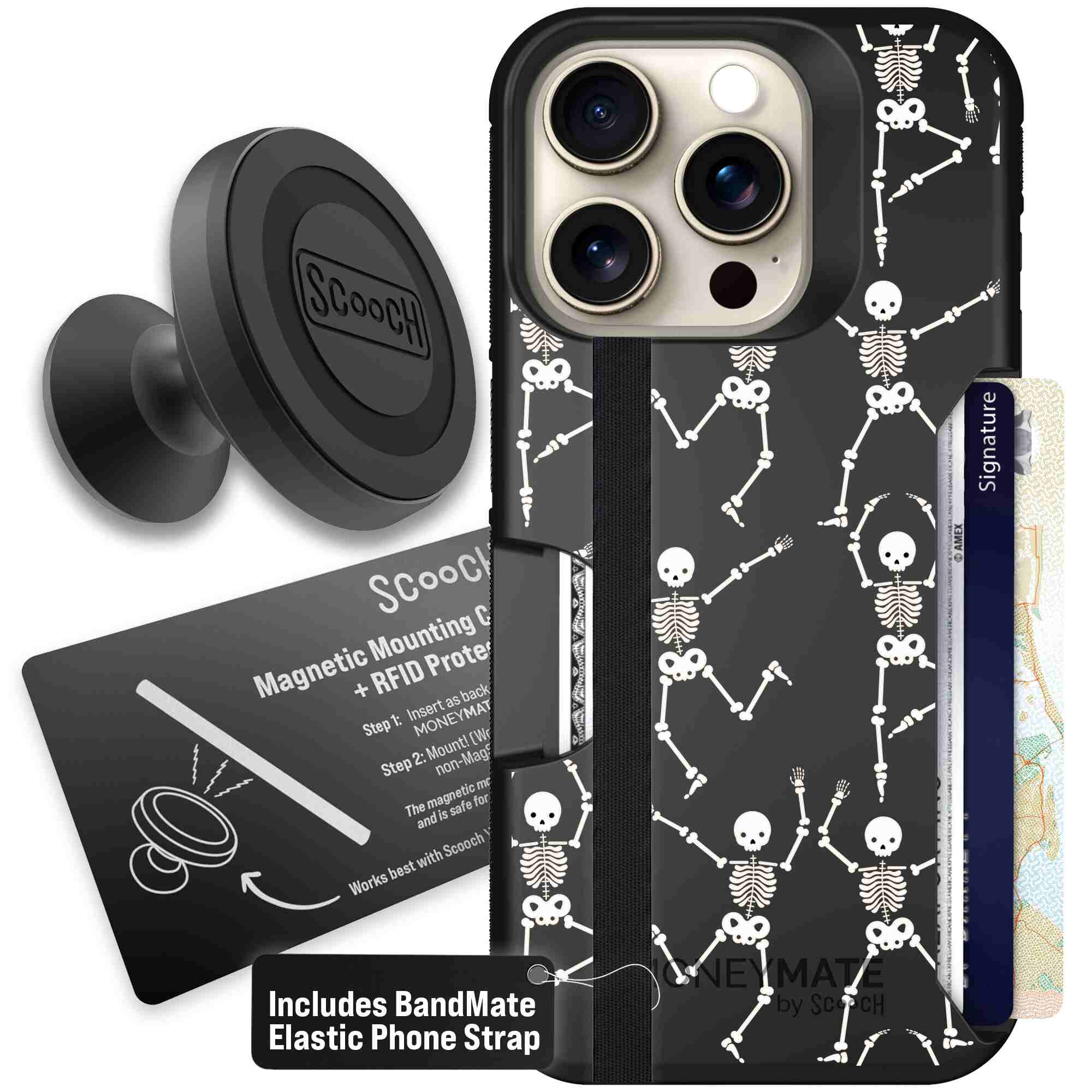 Swinging Skeletons white dancing skeleton pattern on a black Scooch Moneymate case for iPhone 15 Pro - Starter Bundle