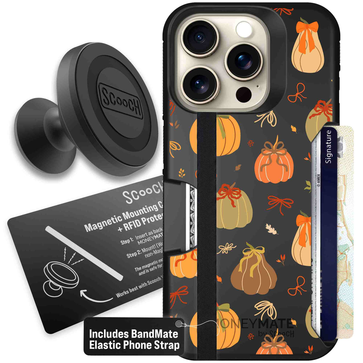 Pretty Pumpkins orange pumpkin and bow pattern on a Scooch Moneymate case for iPhone 15 Pro - Starter Bundle