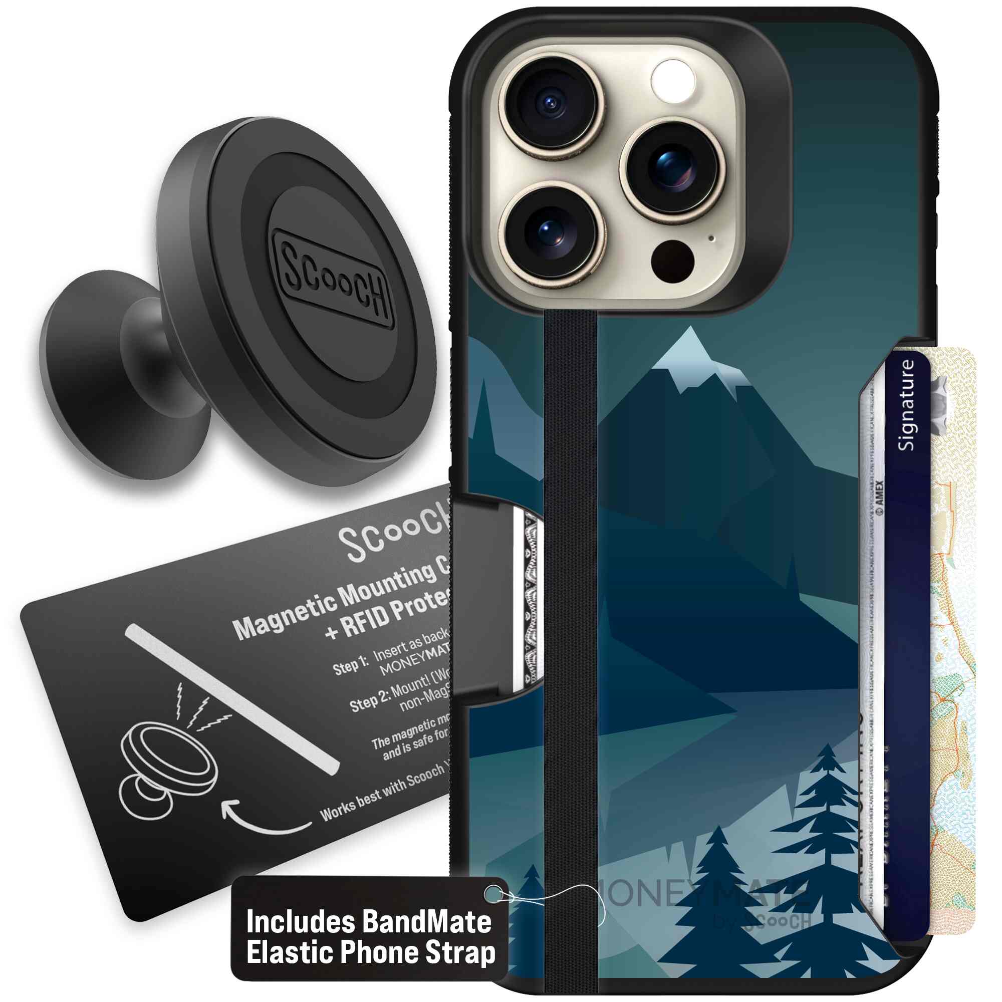 Midnight Ridge layered blue mountains and evergreen trees on a Scooch Moneymate case for iPhone 15 Pro - Starter Bundle