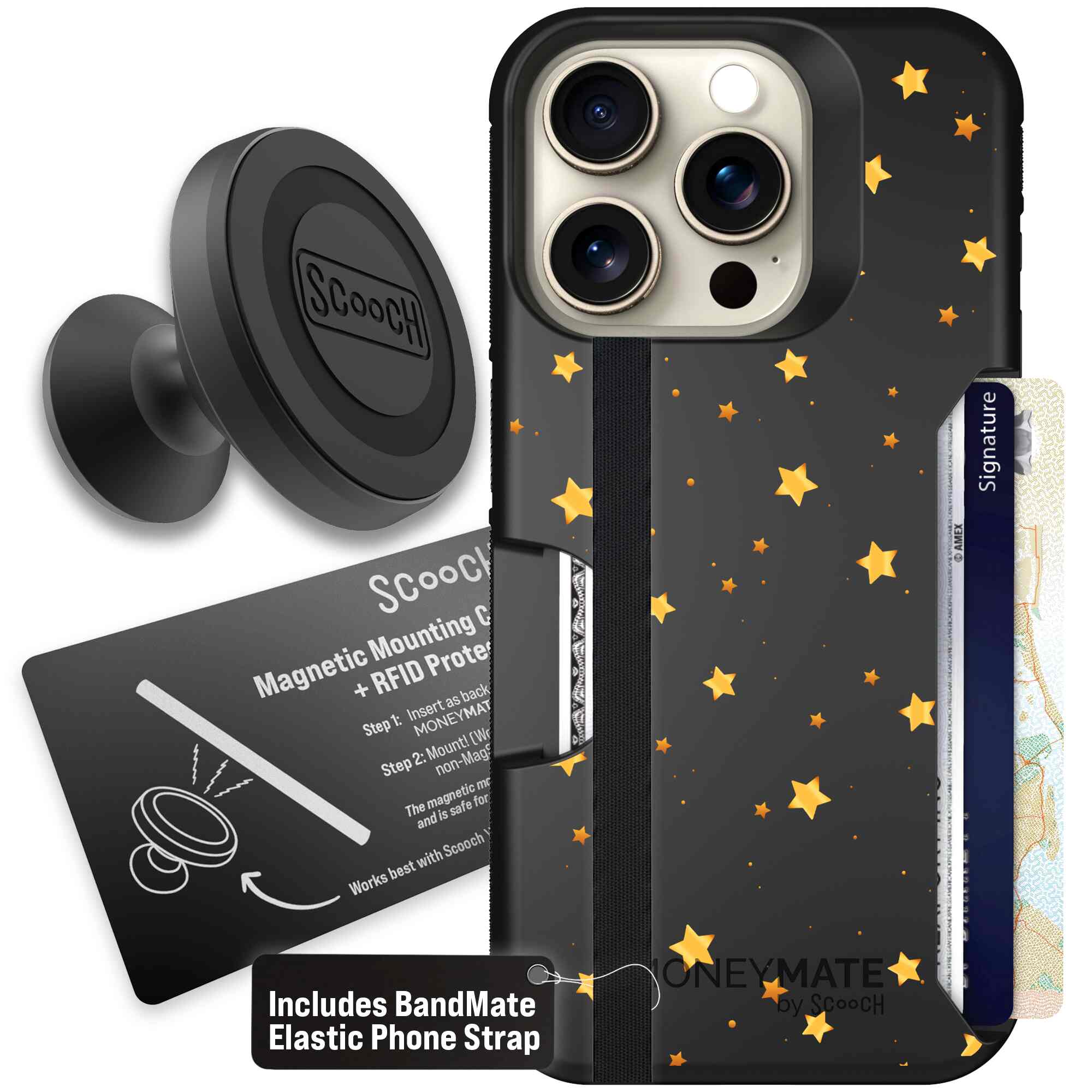 Gold Stars yellow and gold star pattern on a charcoal Scooch Moneymate case for iPhone 15 Pro - Starter Bundle
