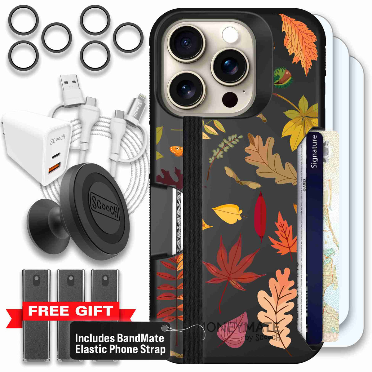Autumn Leaves multicolored fall foliage pattern on a charcoal Scooch Moneymate case for iPhone 15 Pro - Ultimate Bundle