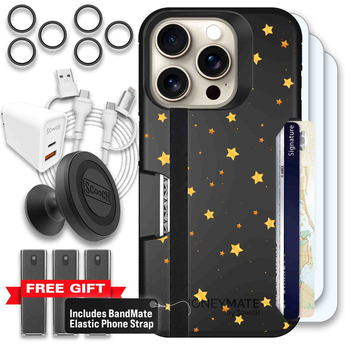 Gold Stars yellow and gold star pattern on a charcoal Scooch Moneymate case for iPhone 15 Pro - Ultimate Bundle