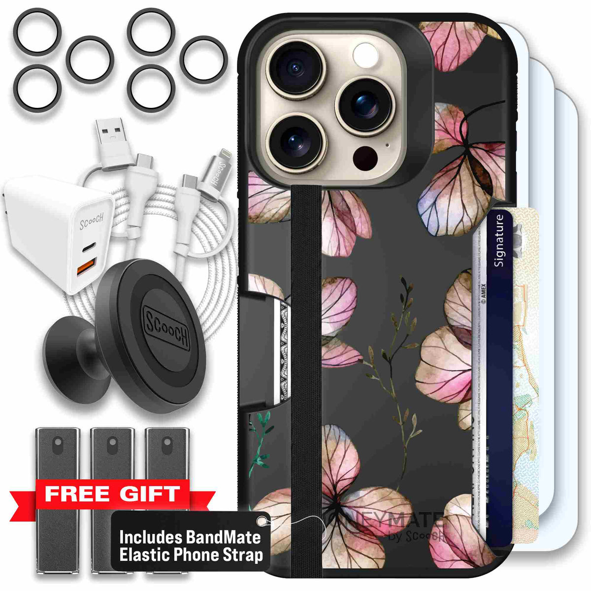Dried Flowers blush mauve and cream floral pattern on a black Scooch Moneymate case for iPhone 15 Pro - Ultimate Bundle