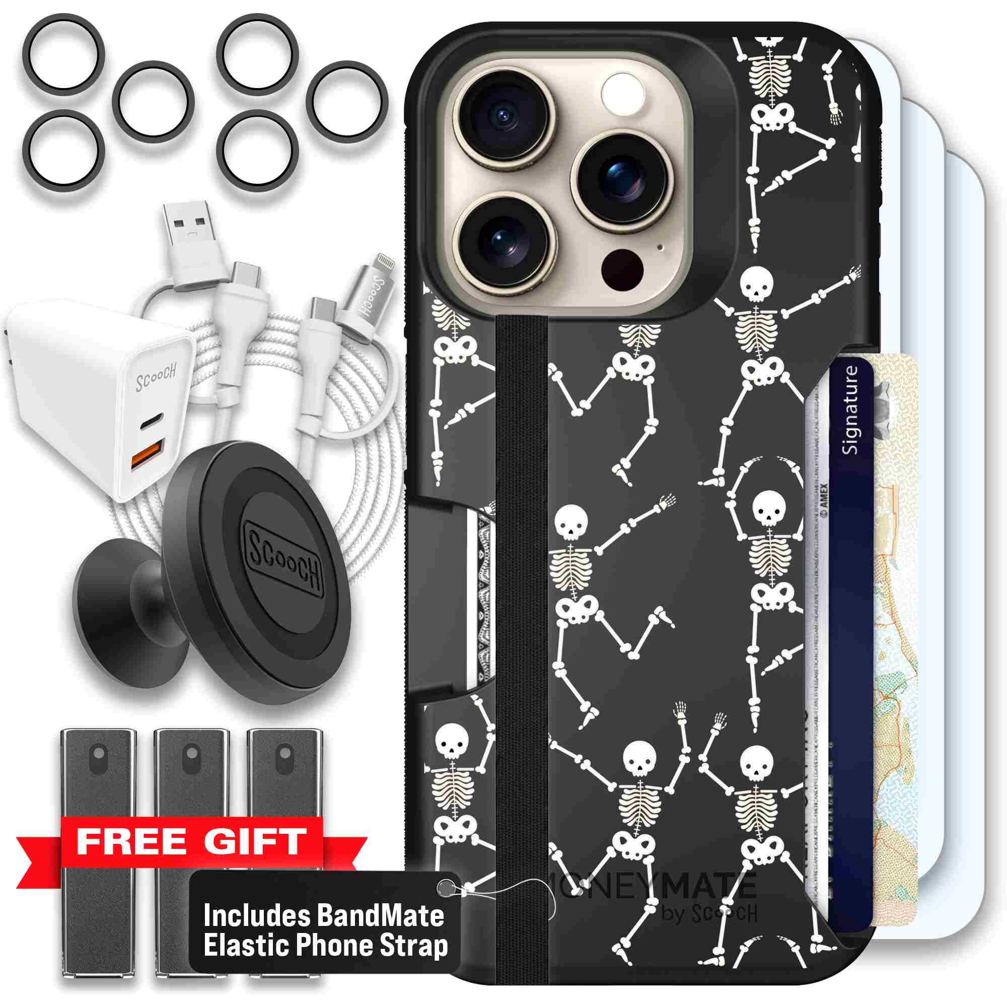Swinging Skeletons white dancing skeleton pattern on a black Scooch Moneymate case for iPhone 15 Pro - Ultimate Bundle