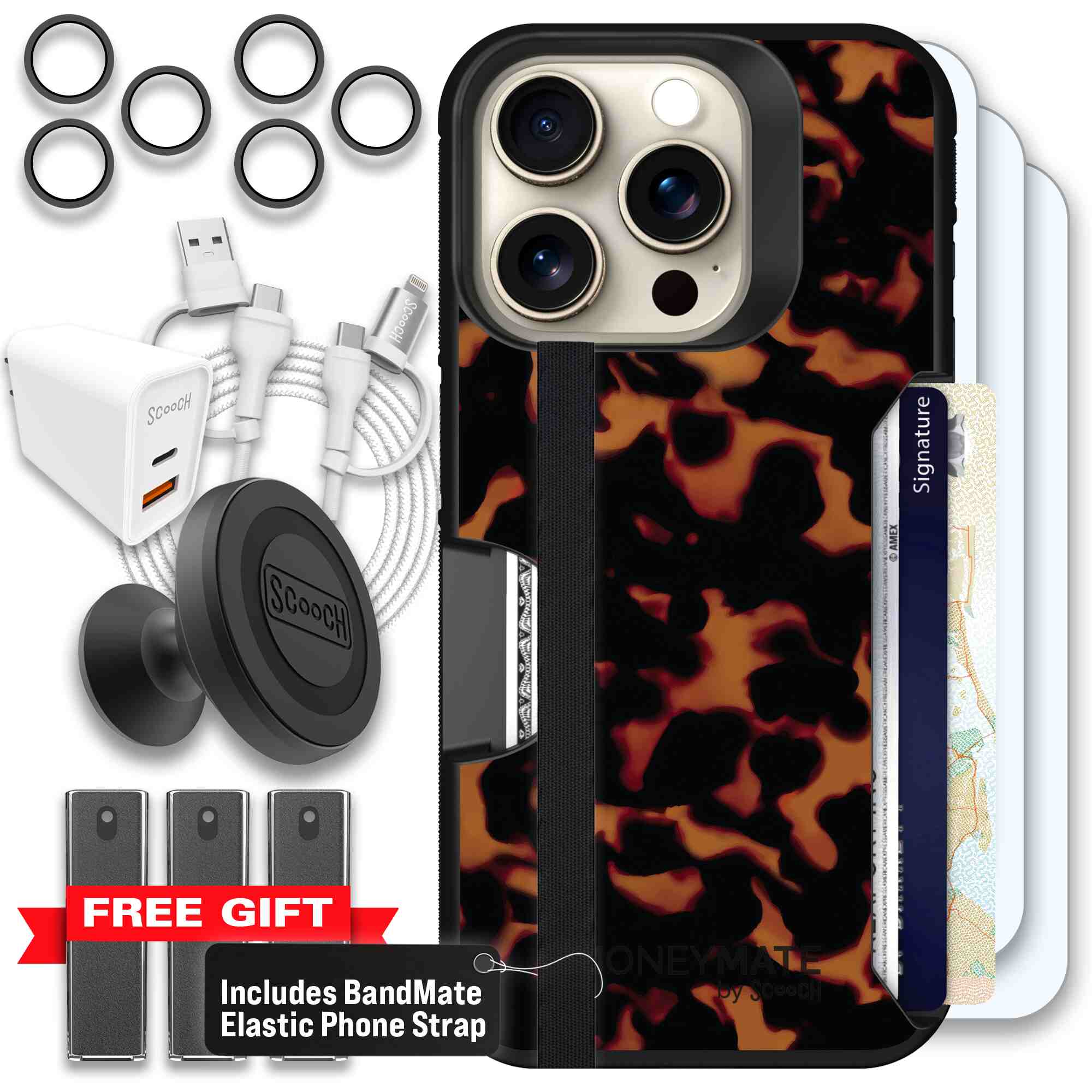 Tortoise Shell amber brown and black mottled pattern on a Scooch Moneymate case for iPhone 15 Pro - Ultimate Bundle