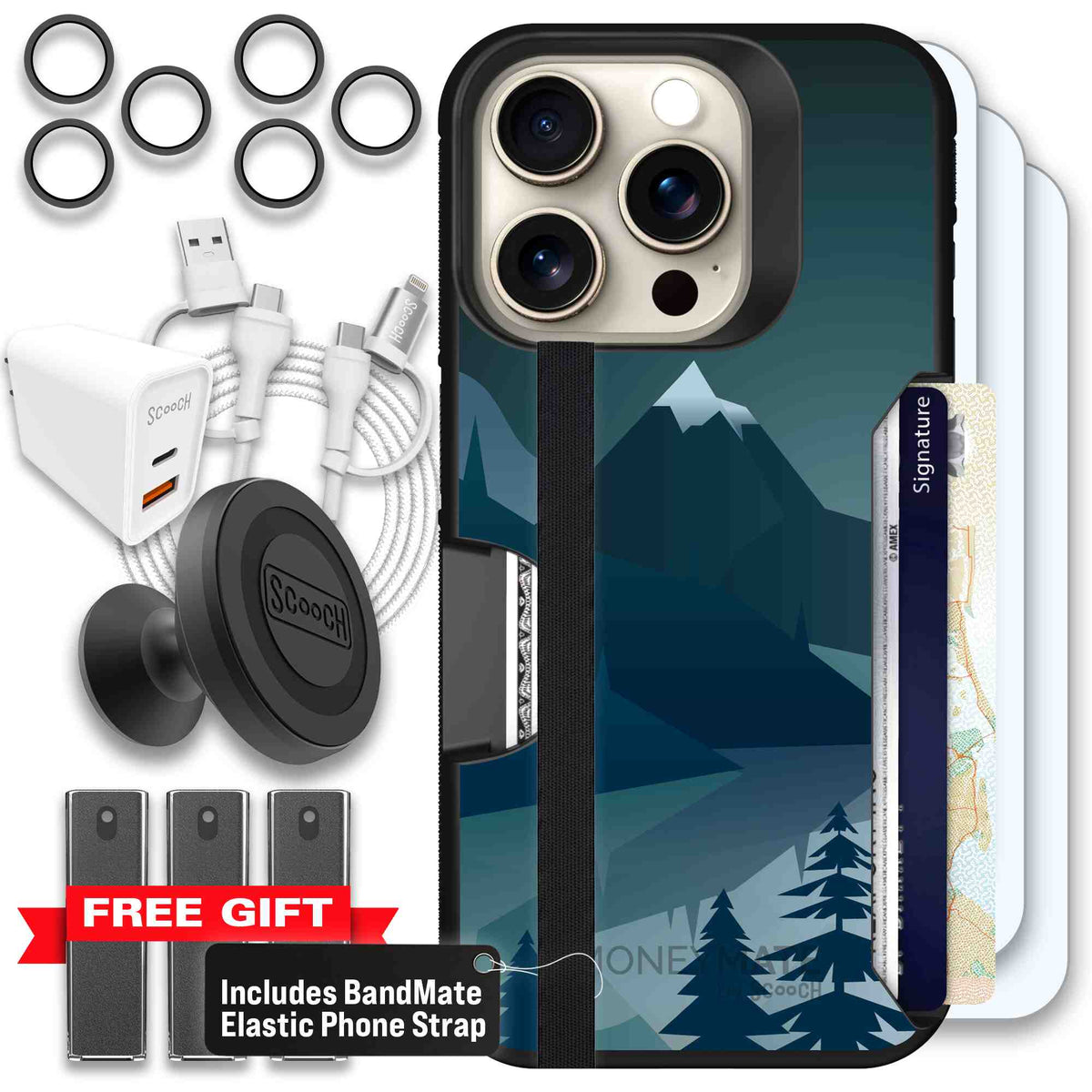Midnight Ridge layered blue mountains and evergreen trees on a Scooch Moneymate case for iPhone 15 Pro - Ultimate Bundle